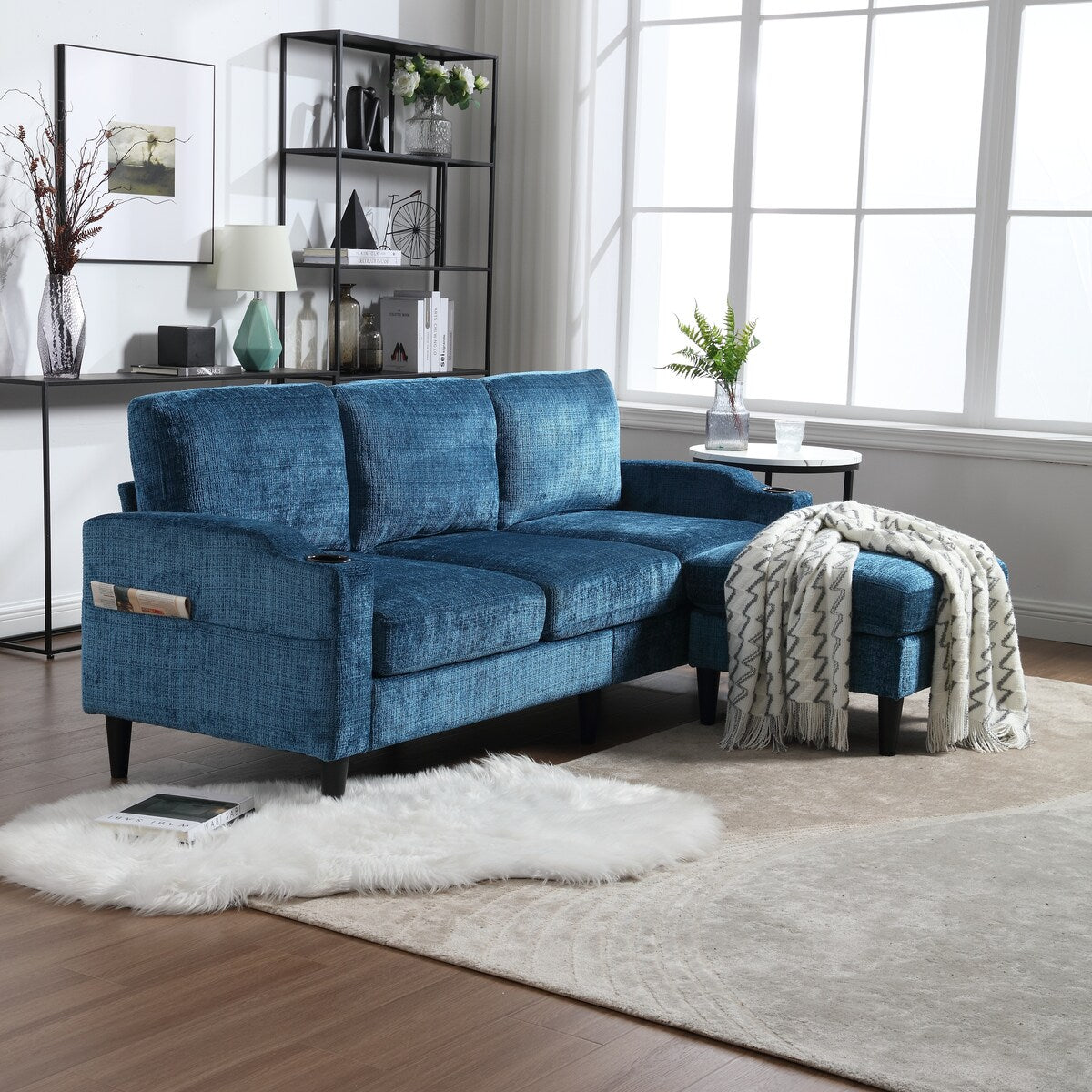 Modern L-Shaped Free-Combined Modular Sofa Couch With Storage Ottoman,Pillows,Cup Holders,Side Pockets, 3 Seat