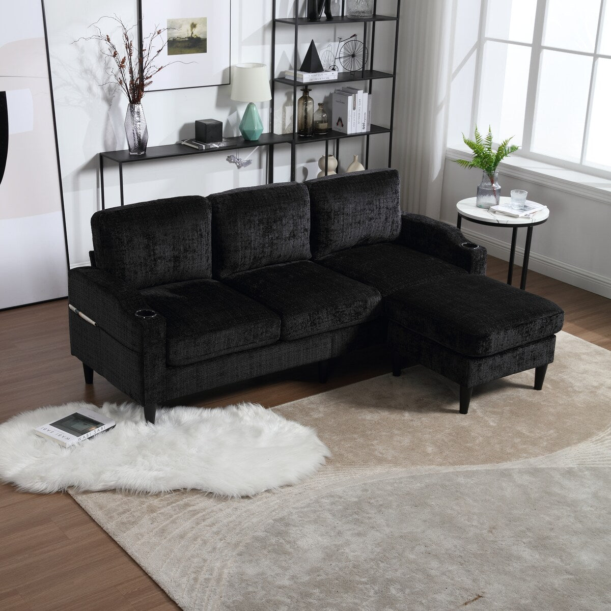 Modern L-Shaped Free-Combined Modular Sofa Couch With Storage Ottoman,Pillows,Cup Holders,Side Pockets, 3 Seat