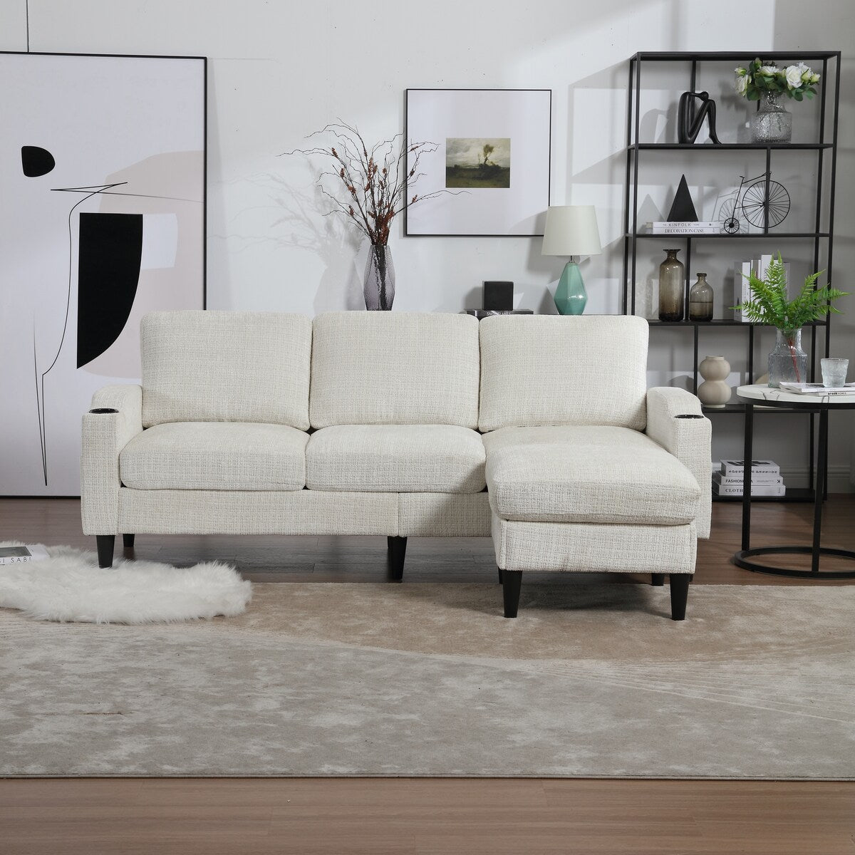 Modern L-Shaped Free-Combined Modular Sofa Couch With Storage Ottoman,Pillows,Cup Holders,Side Pockets, 3 Seat