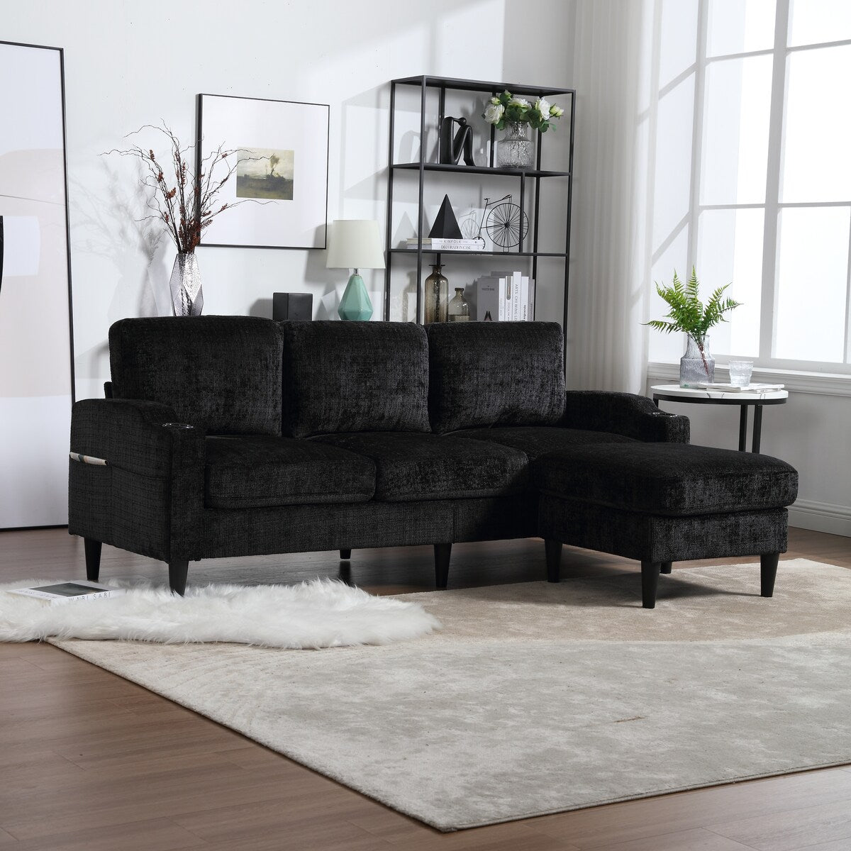 Modern L-Shaped Free-Combined Modular Sofa Couch With Storage Ottoman,Pillows,Cup Holders,Side Pockets, 3 Seat
