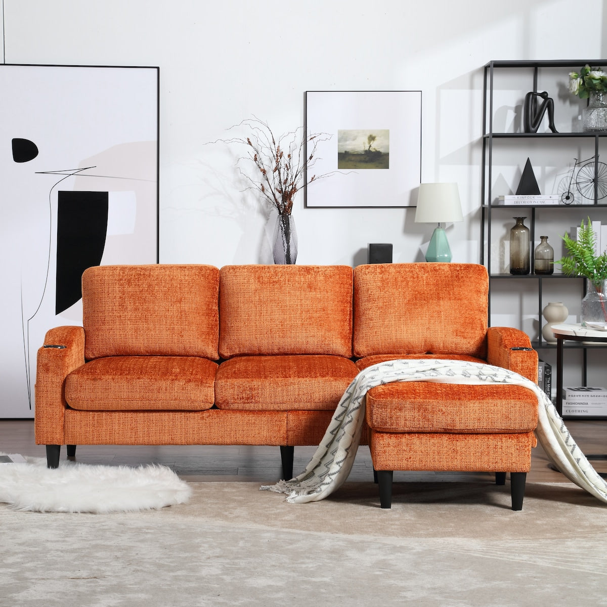 Modern L-Shaped Free-Combined Modular Sofa Couch With Storage Ottoman,Pillows,Cup Holders,Side Pockets, 3 Seat