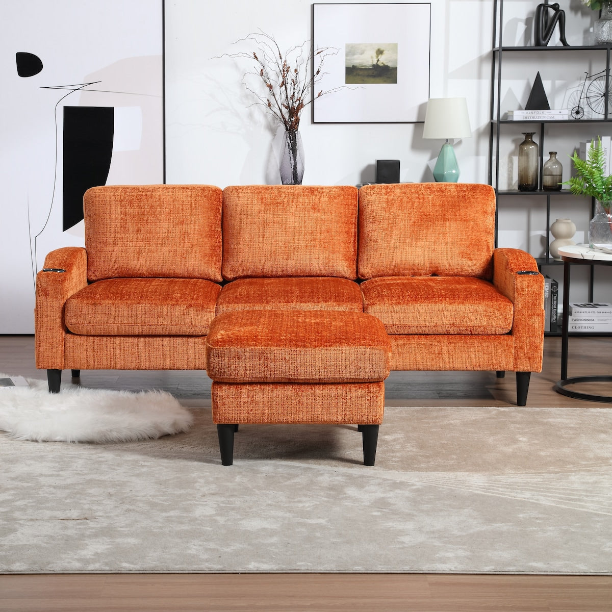 Modern L-Shaped Free-Combined Modular Sofa Couch With Storage Ottoman,Pillows,Cup Holders,Side Pockets, 3 Seat