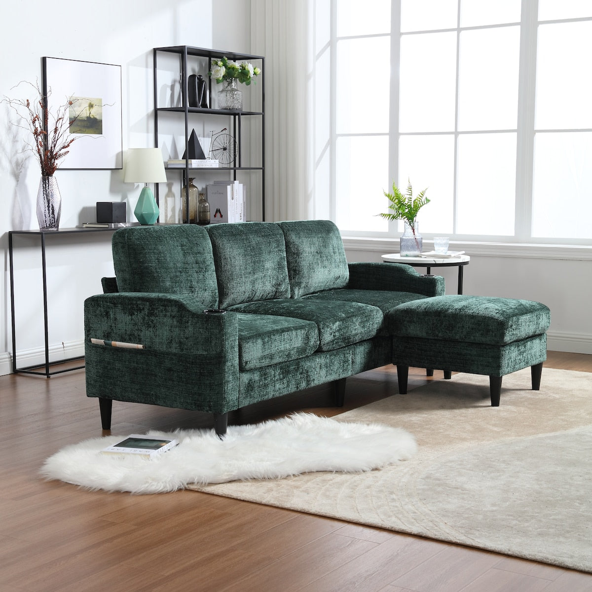 Modern L-Shaped Free-Combined Modular Sofa Couch With Storage Ottoman,Pillows,Cup Holders,Side Pockets, 3 Seat