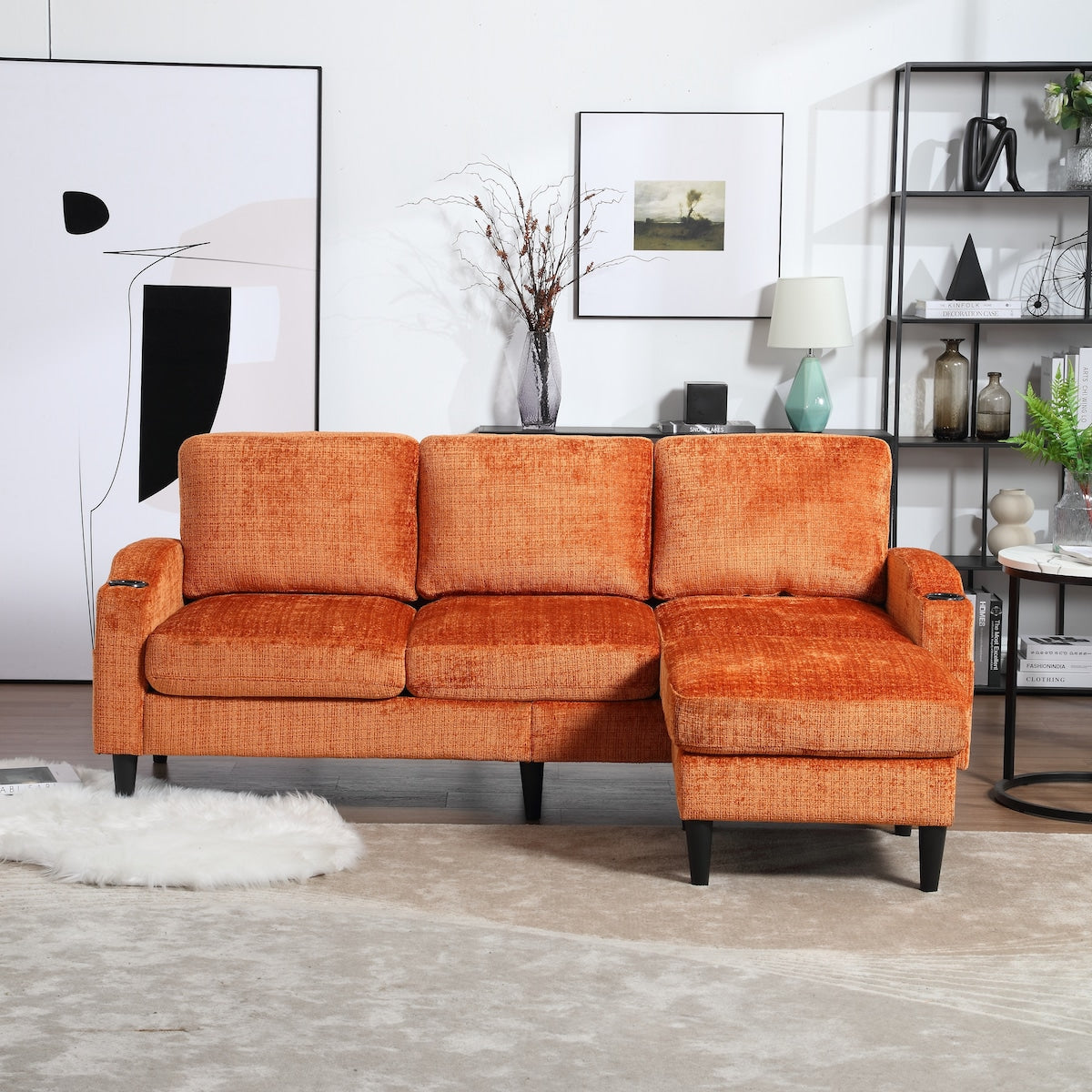 Modern L-Shaped Free-Combined Modular Sofa Couch With Storage Ottoman,Pillows,Cup Holders,Side Pockets, 3 Seat