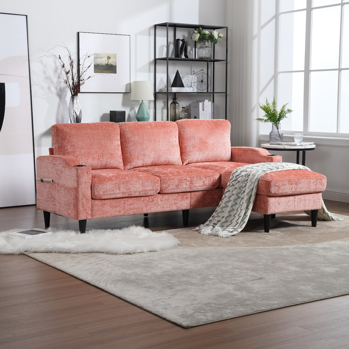 Modern L-Shaped Free-Combined Modular Sofa Couch With Storage Ottoman,Pillows,Cup Holders,Side Pockets, 3 Seat