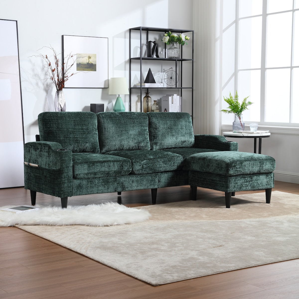 Modern L-Shaped Free-Combined Modular Sofa Couch With Storage Ottoman,Pillows,Cup Holders,Side Pockets, 3 Seat