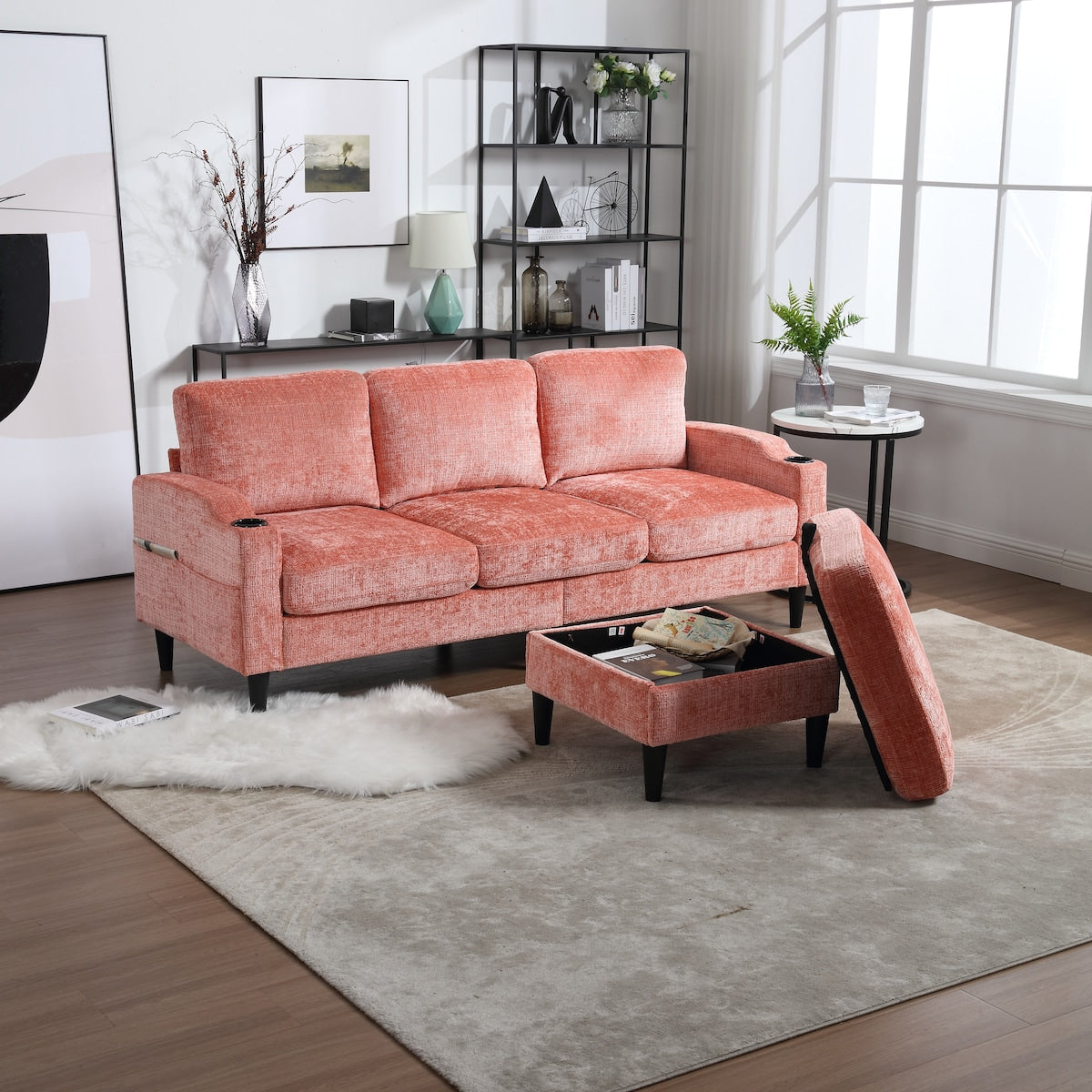 Modern L-Shaped Free-Combined Modular Sofa Couch With Storage Ottoman,Pillows,Cup Holders,Side Pockets, 3 Seat