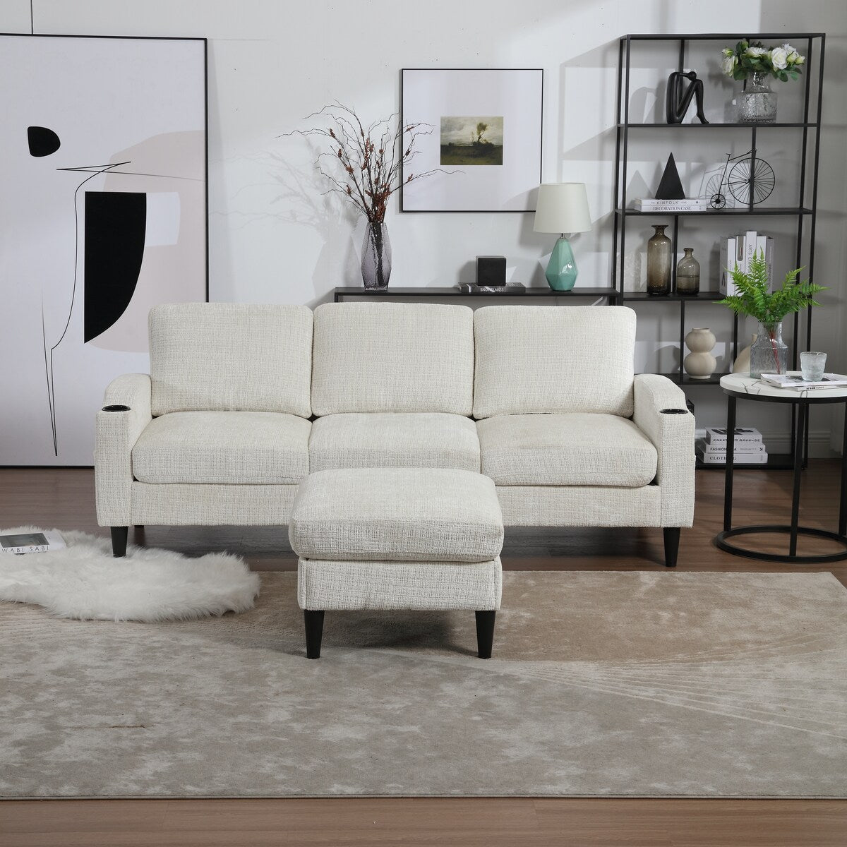 Modern L-Shaped Free-Combined Modular Sofa Couch With Storage Ottoman,Pillows,Cup Holders,Side Pockets, 3 Seat