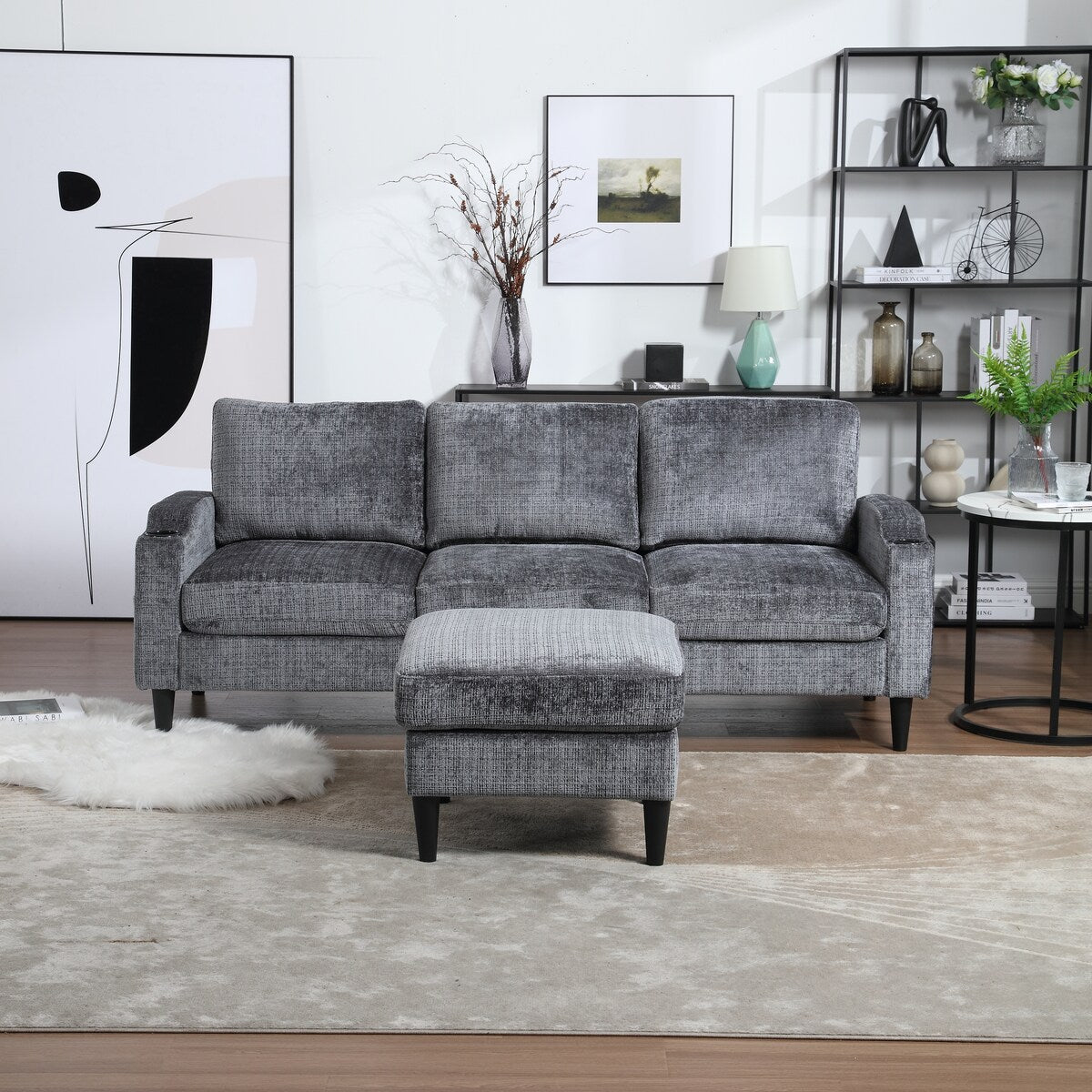 Modern L-Shaped Free-Combined Modular Sofa Couch With Storage Ottoman,Pillows,Cup Holders,Side Pockets, 3 Seat