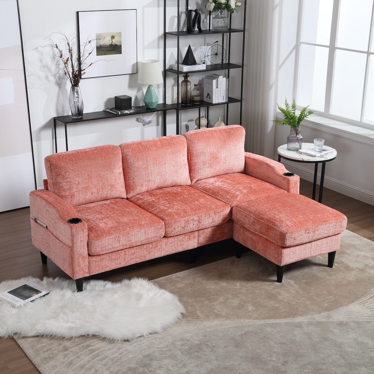 Modern L-Shaped Free-Combined Modular Sofa Couch With Storage Ottoman,Pillows,Cup Holders,Side Pockets, 3 Seat