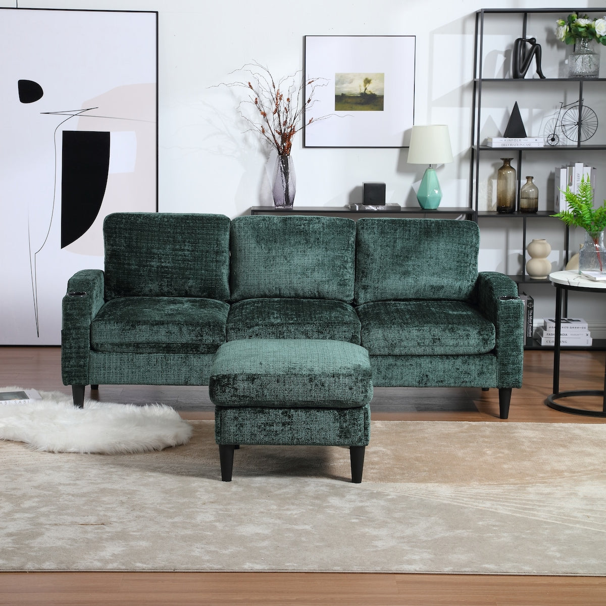 Modern L-Shaped Free-Combined Modular Sofa Couch With Storage Ottoman,Pillows,Cup Holders,Side Pockets, 3 Seat