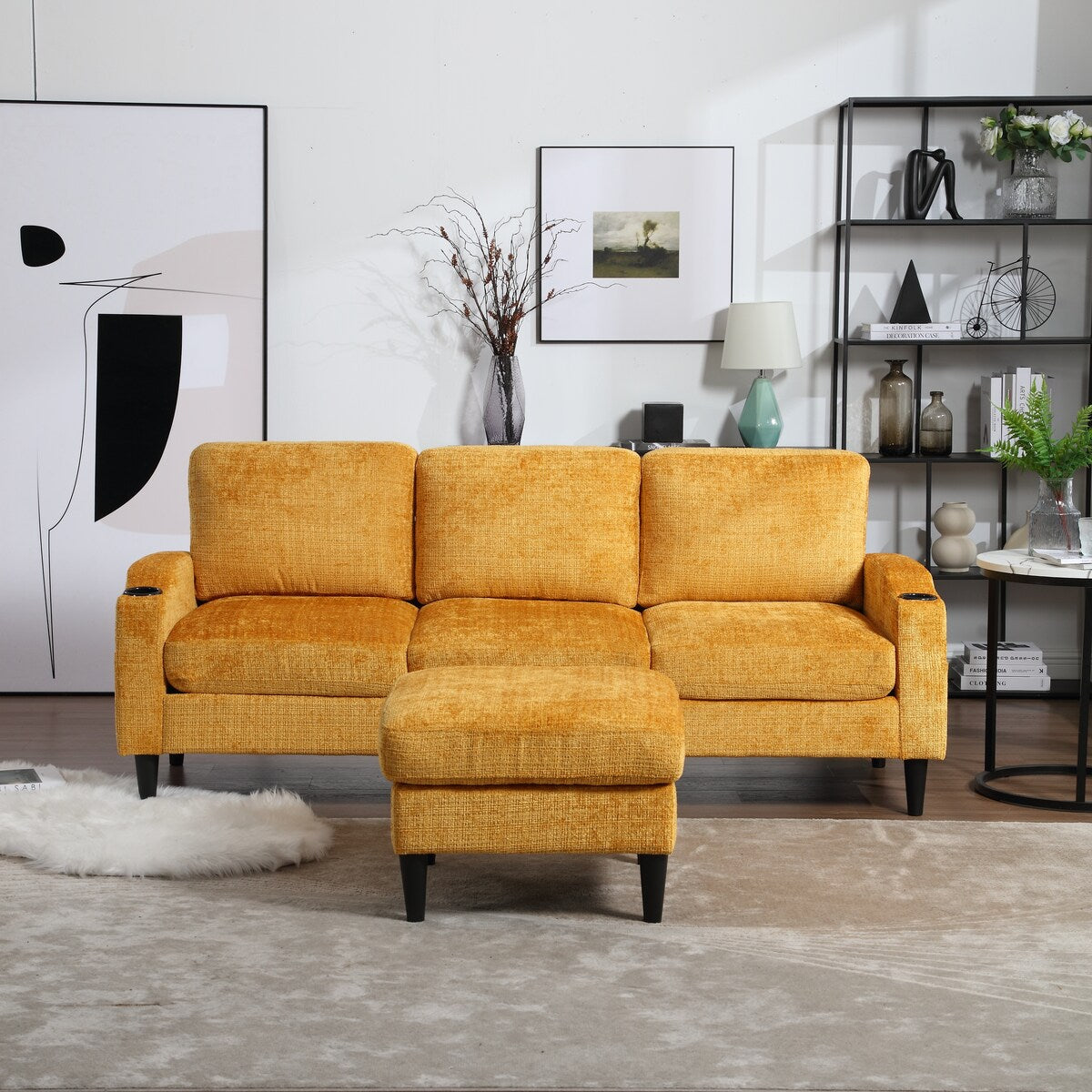Modern L-Shaped Free-Combined Modular Sofa Couch With Storage Ottoman,Pillows,Cup Holders,Side Pockets, 3 Seat