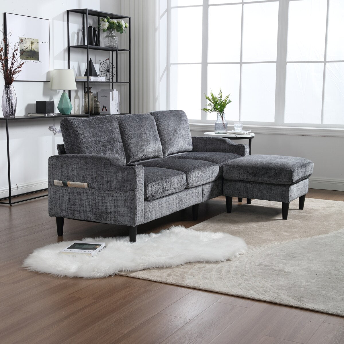 Modern L-Shaped Free-Combined Modular Sofa Couch With Storage Ottoman,Pillows,Cup Holders,Side Pockets, 3 Seat