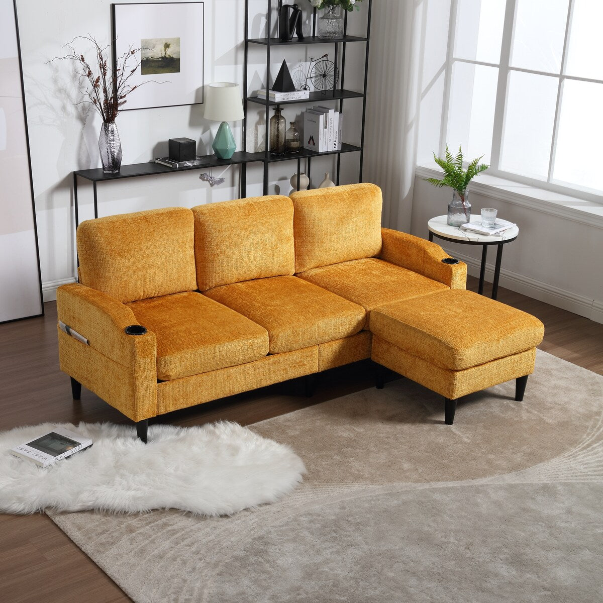 Modern L-Shaped Free-Combined Modular Sofa Couch With Storage Ottoman,Pillows,Cup Holders,Side Pockets, 3 Seat