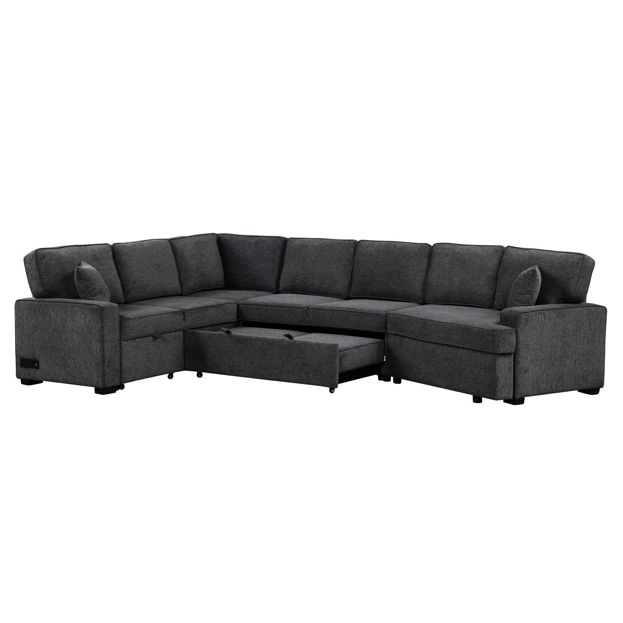 Modern L-Shaped Sectional Sofa with Pull-Out Bed, USB Ports and Drop-Down Cup Holder Tables for Living Room