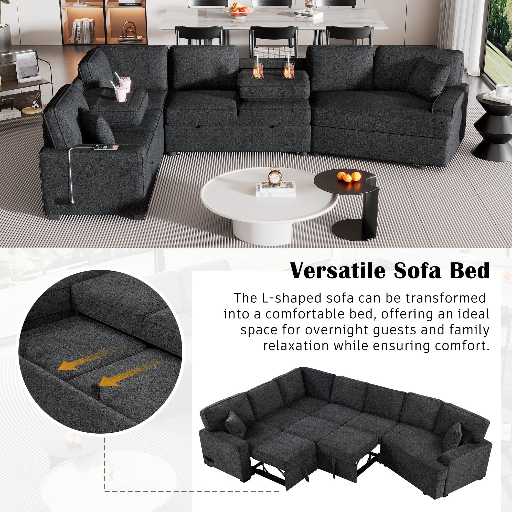 Modern L-Shaped Sectional Sofa with Pull-Out Bed, USB Ports and Drop-Down Cup Holder Tables for Living Room