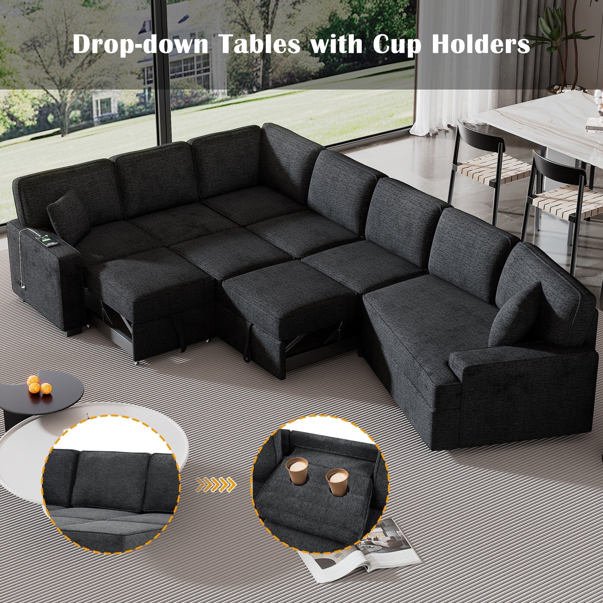 Modern L-Shaped Sectional Sofa with Pull-Out Bed, USB Ports and Drop-Down Cup Holder Tables for Living Room