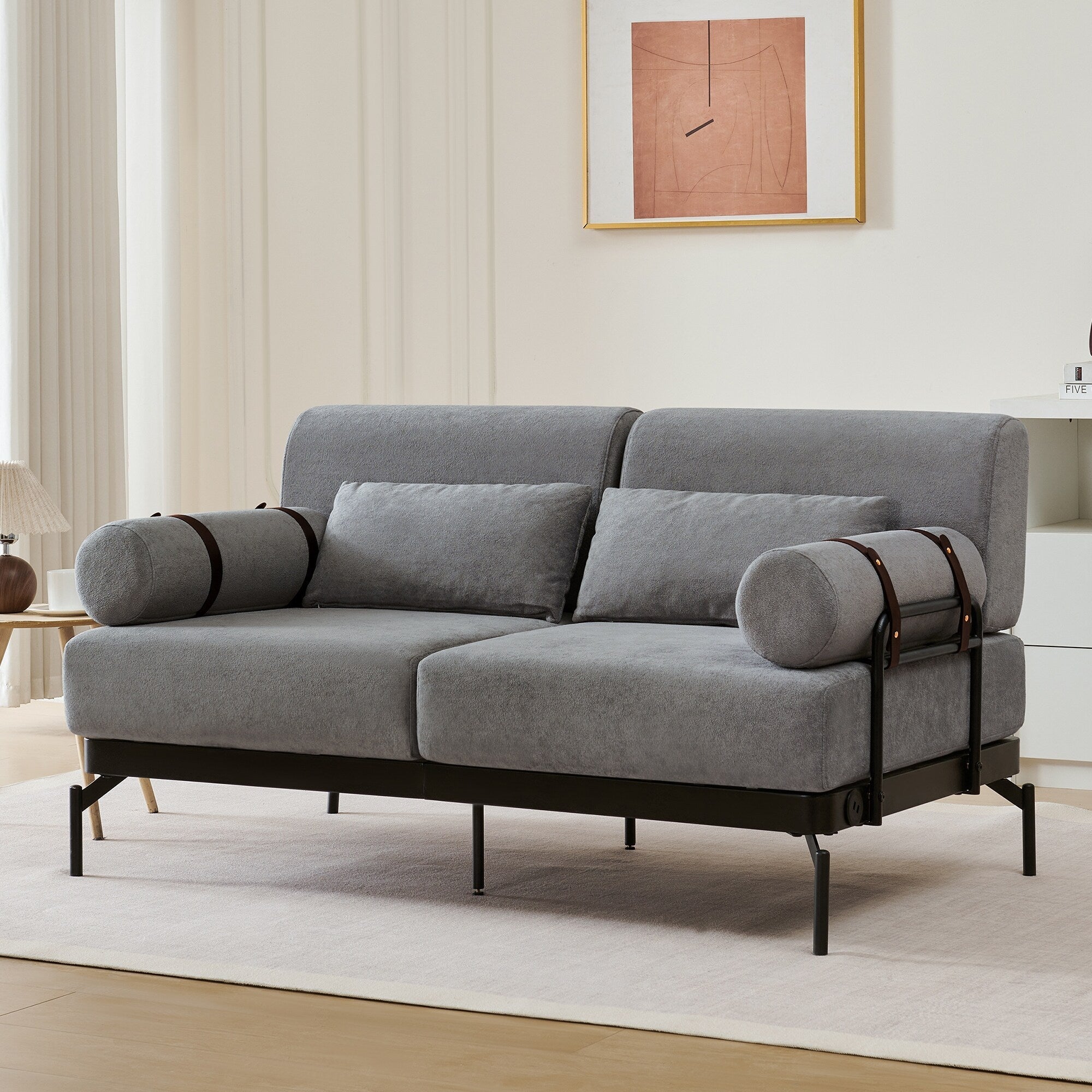 Modern Loveseat Sofa 59 Sofa Couch 2-Seater Sofa with Flexible USB Ports , Unique Cylindrical Armrests for Living Room, Grey