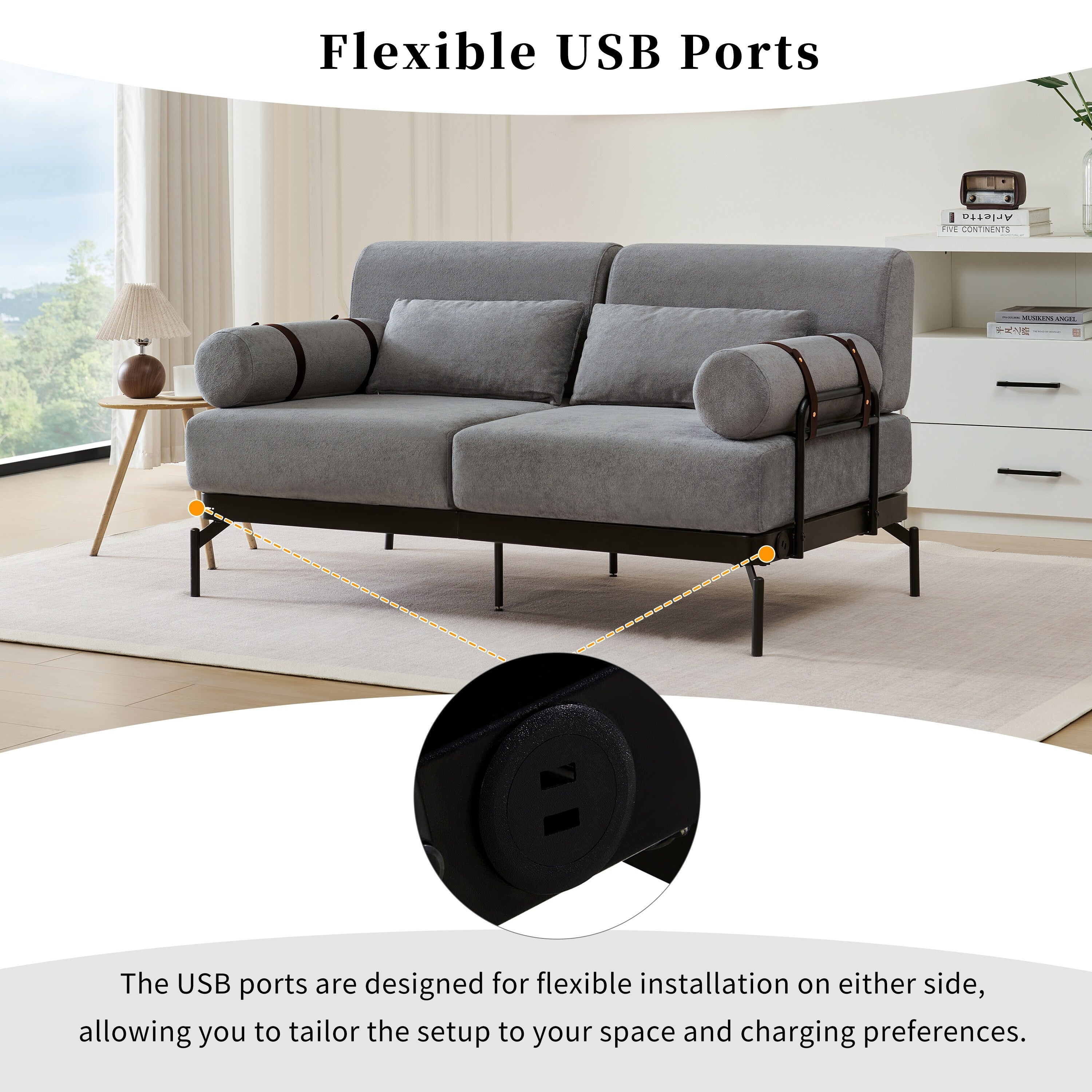 Modern Loveseat Sofa 59 Sofa Couch 2-Seater Sofa with Flexible USB Ports , Unique Cylindrical Armrests for Living Room, Grey