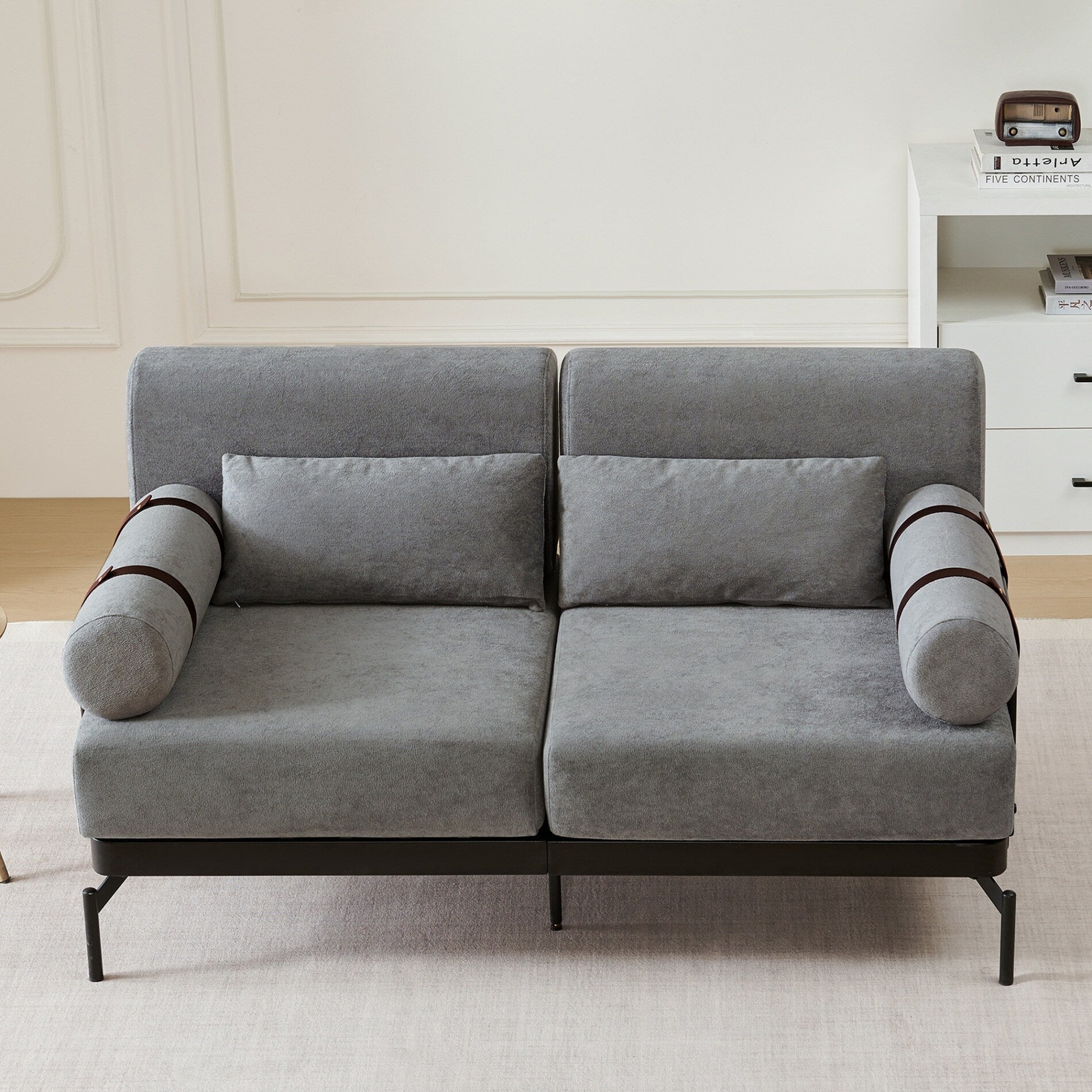 Modern Loveseat Sofa with Flexible USB Ports and Unique Cylindrical Armrests