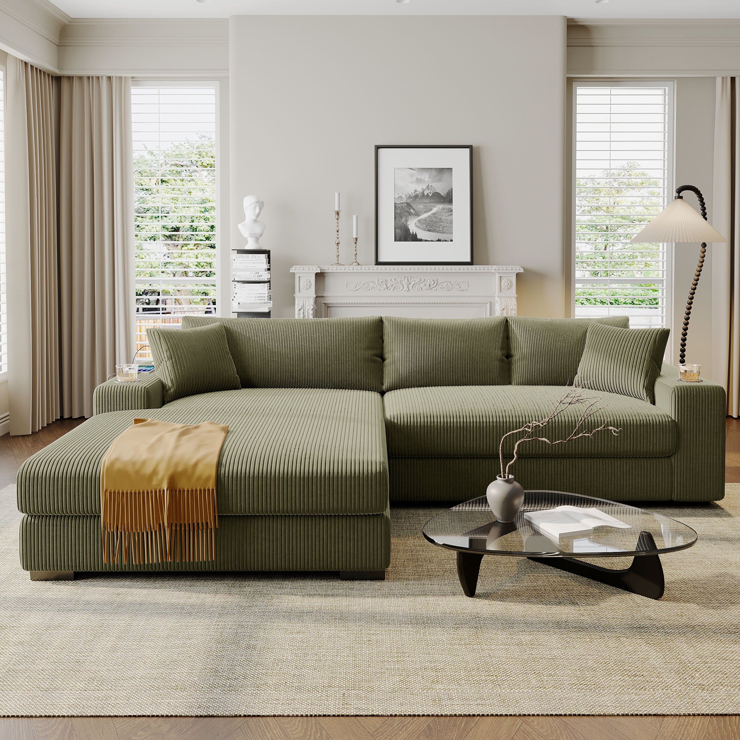 Modern Oversized 3-Seater Sectional Sofa with Cup Holders and USB Charging Ports, Thick Cushions for Living Room