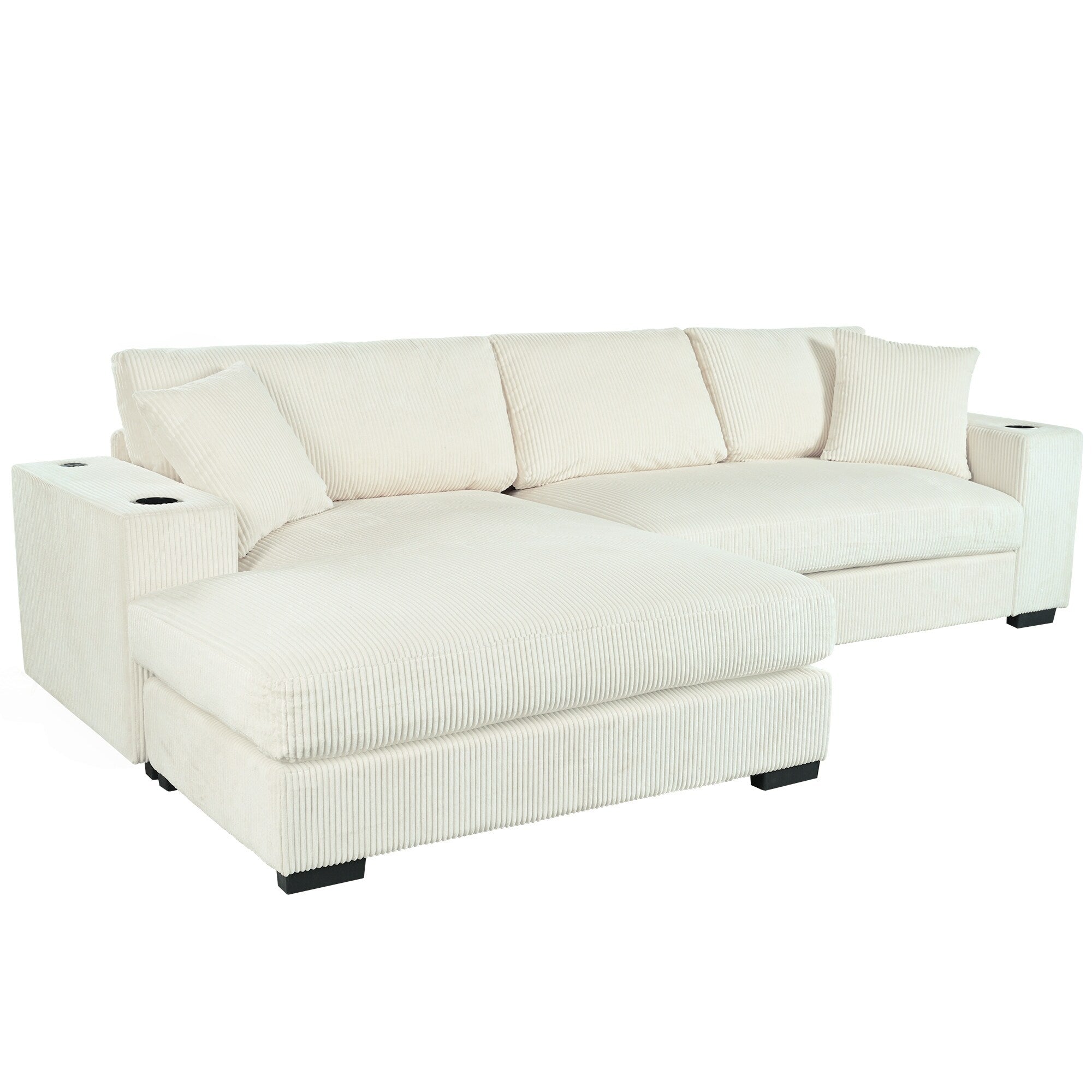 Modern Oversized 3-Seater Sectional Sofa with Cup Holders and USB Charging Ports, Thick Cushions for Living Room