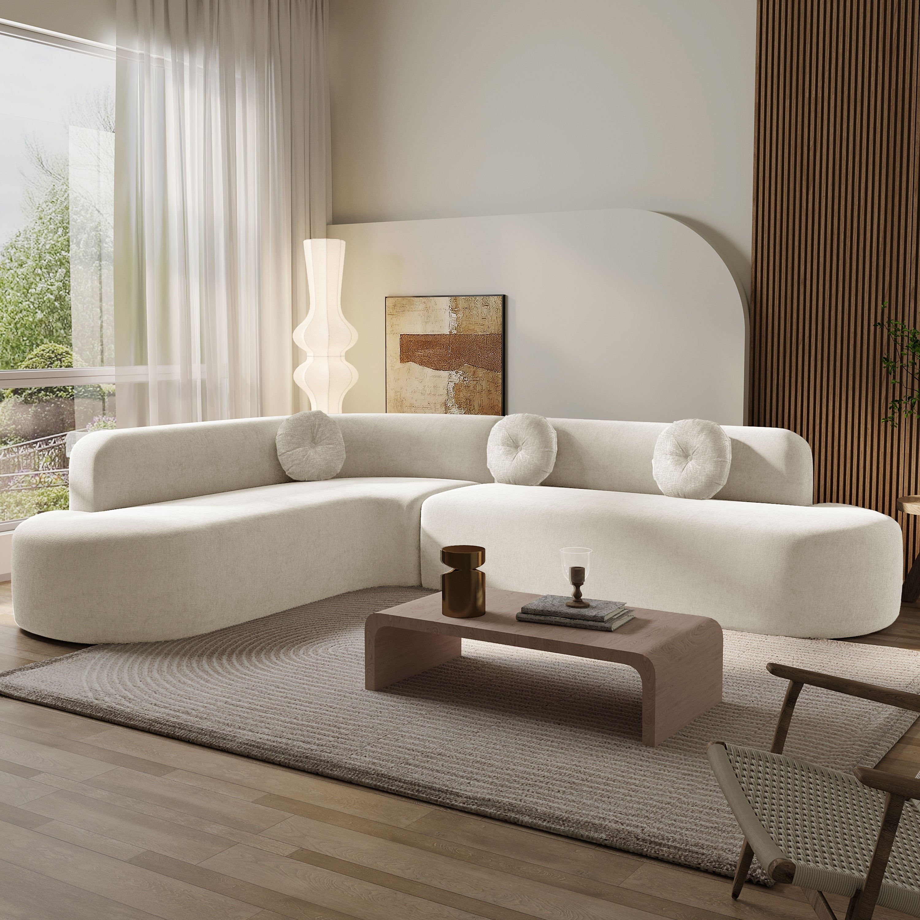 Modern Oversized Curved 4-Seater Sectional Sofa with 3 Round Pillows for Living Room