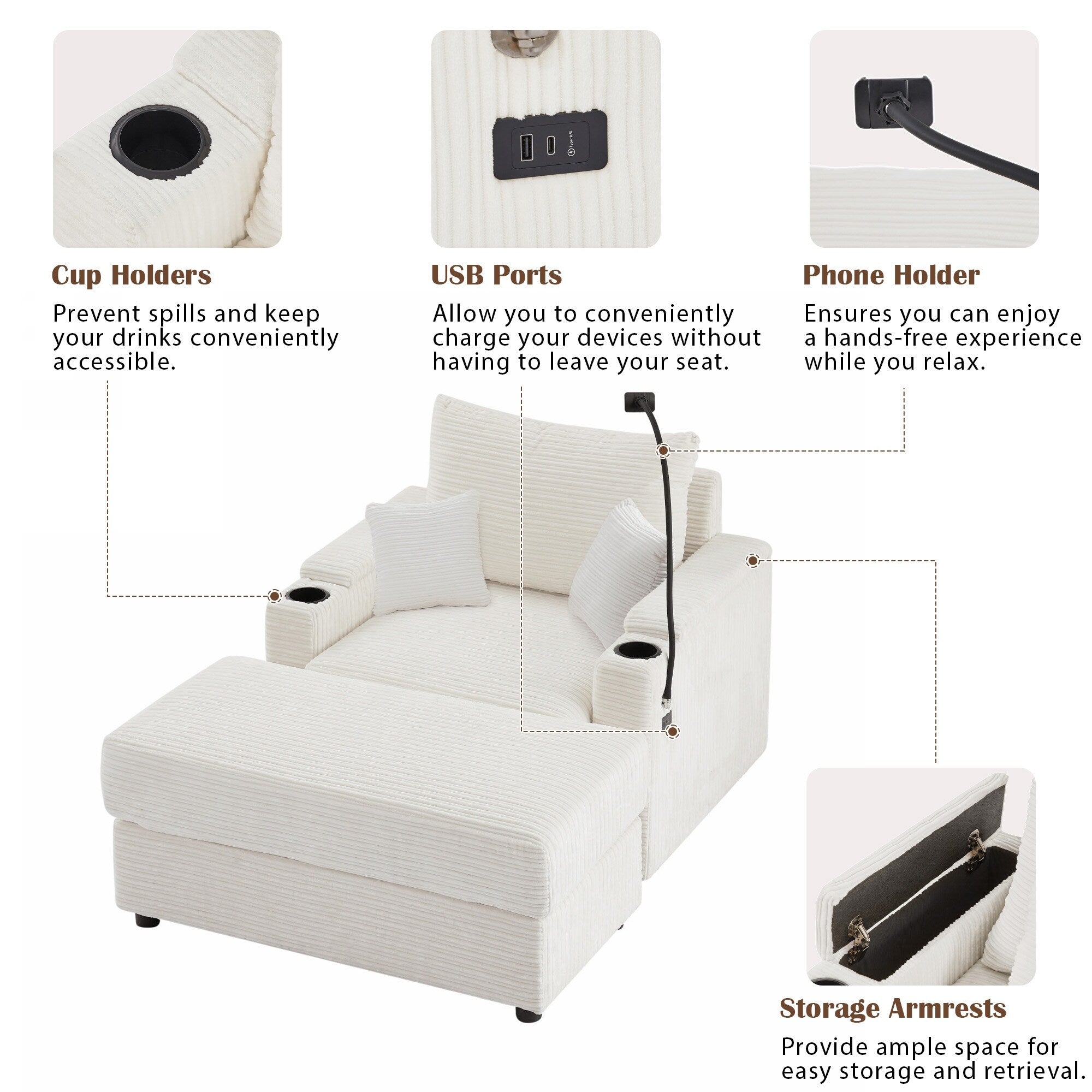 Modern Single Sofa with Movable Ottoman, Hidden Storage, USB Ports, Cup Holders and Phone Holder for Living Room