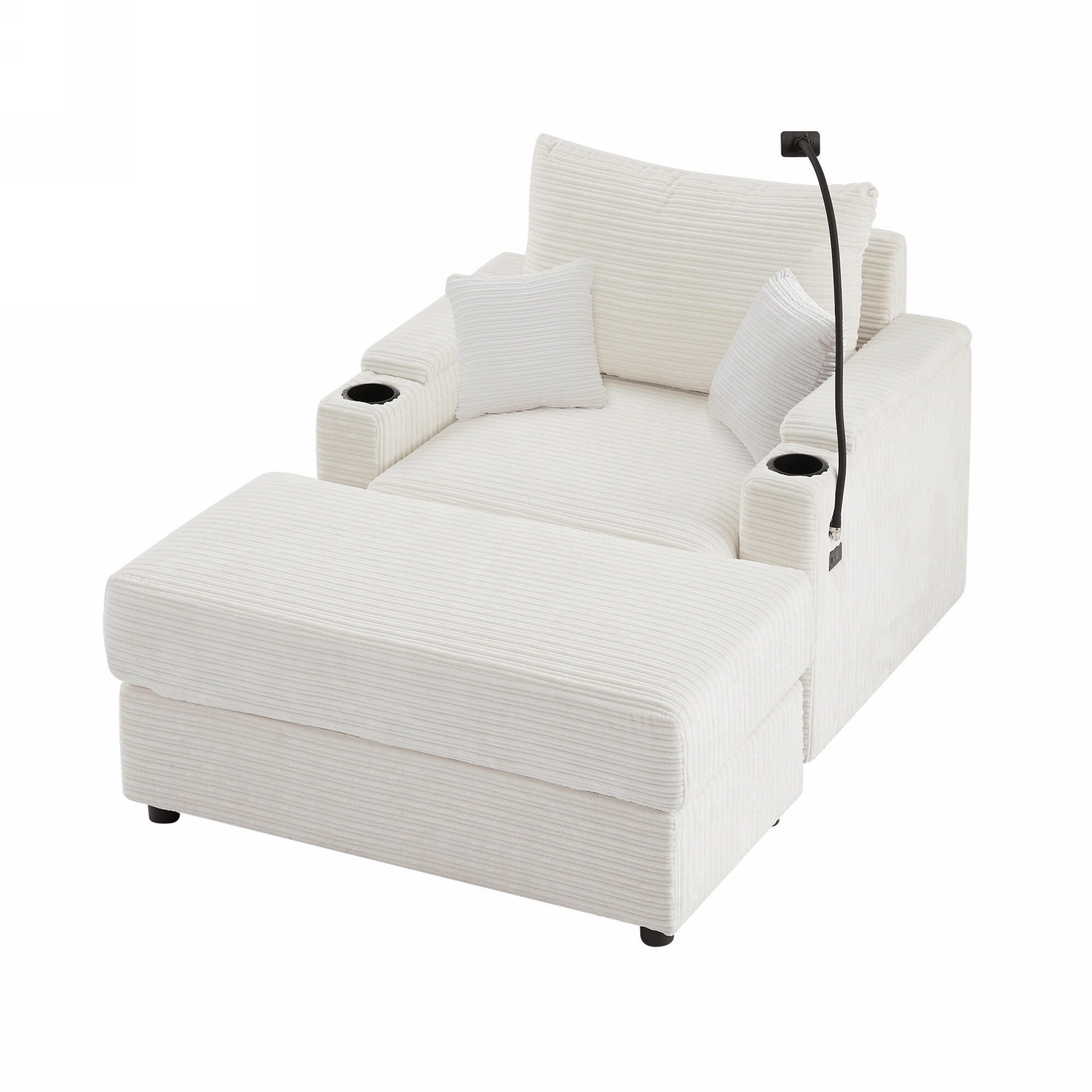 Modern Single Sofa with Movable Ottoman, Hidden Storage, USB Ports, Cup Holders and Phone Holder for Living Room