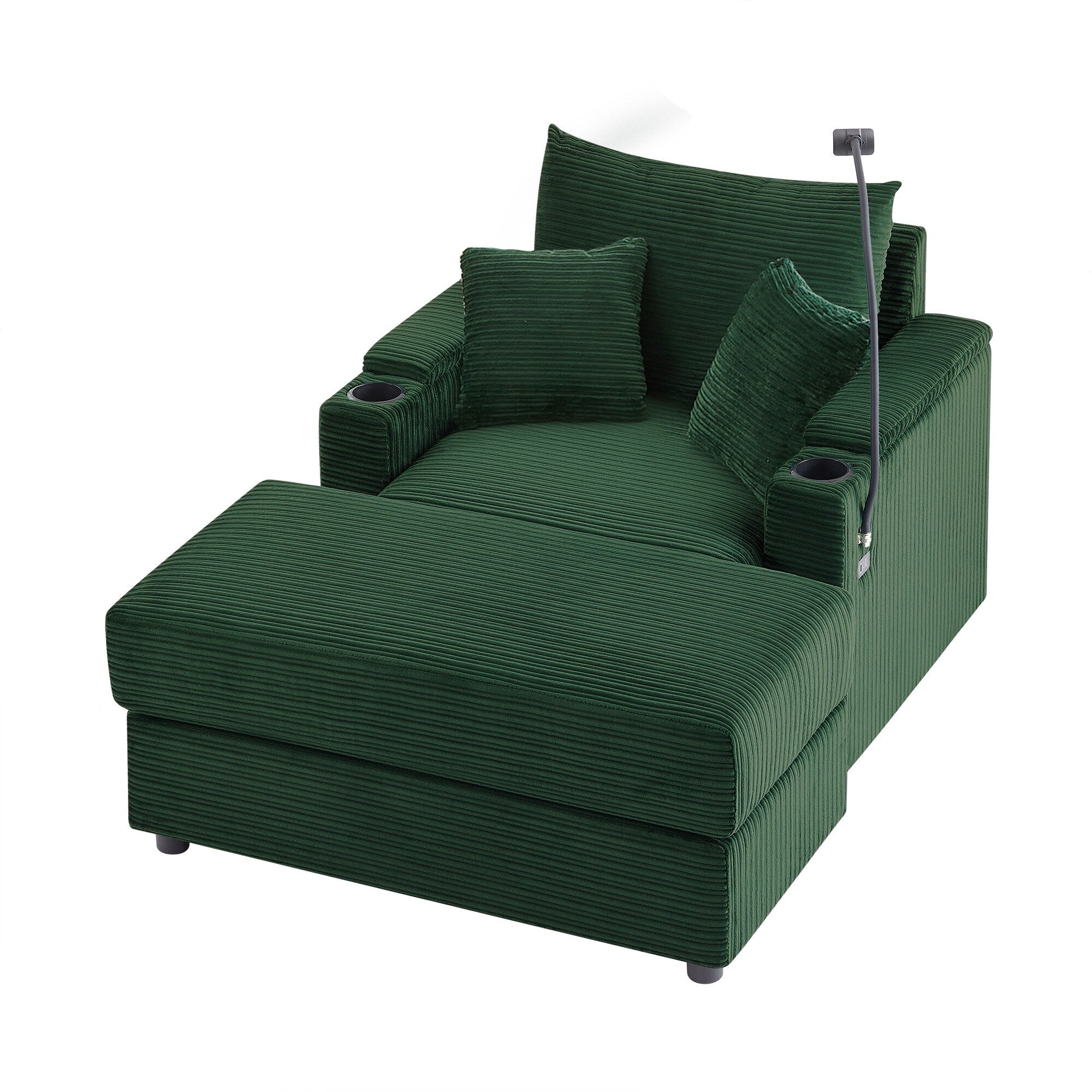 Modern Single Sofa with Movable Ottoman, Hidden Storage, USB Ports, Cup Holders and Phone Holder for Living Room