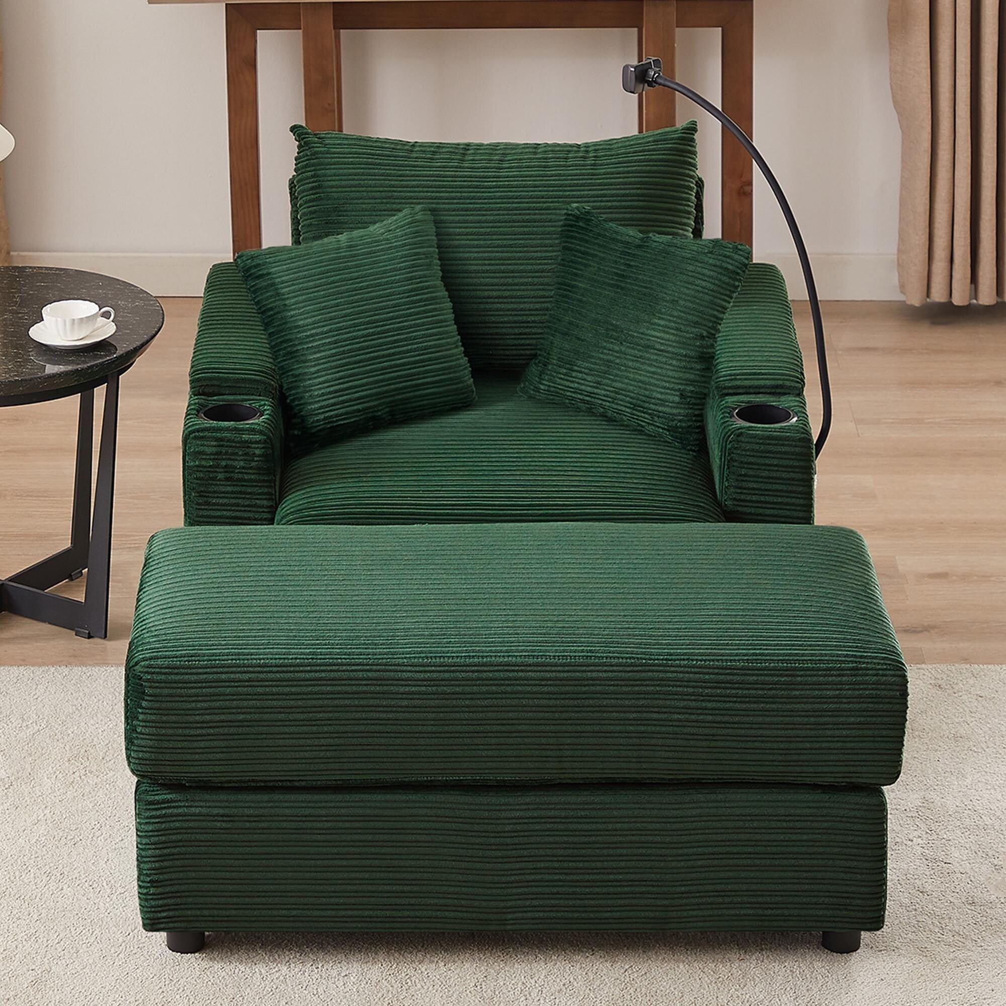 Modern Single Sofa with Movable Ottoman, Hidden Storage, USB Ports, Cup Holders and Phone Holder for Living Room