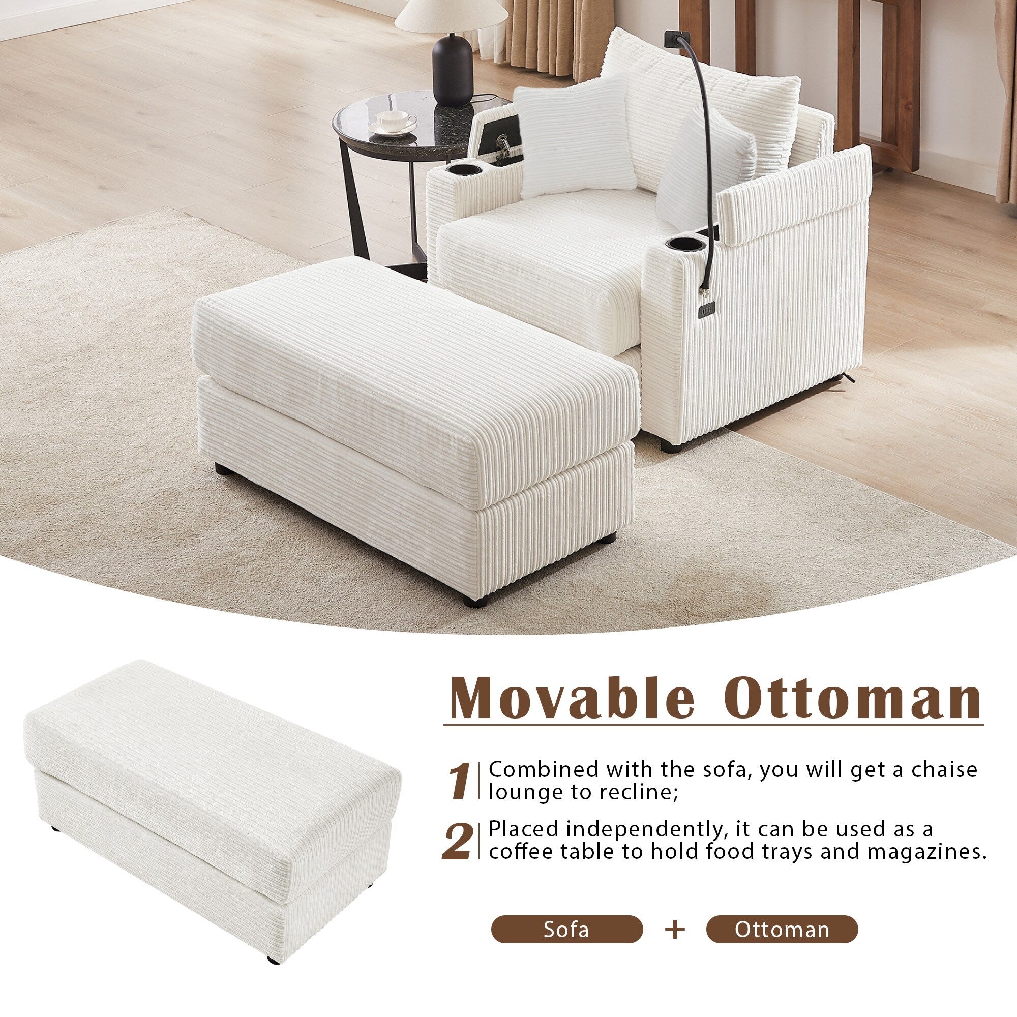 Modern Single Sofa with Movable Ottoman, Hidden Storage, USB Ports, Cup Holders and Phone Holder for Living Room