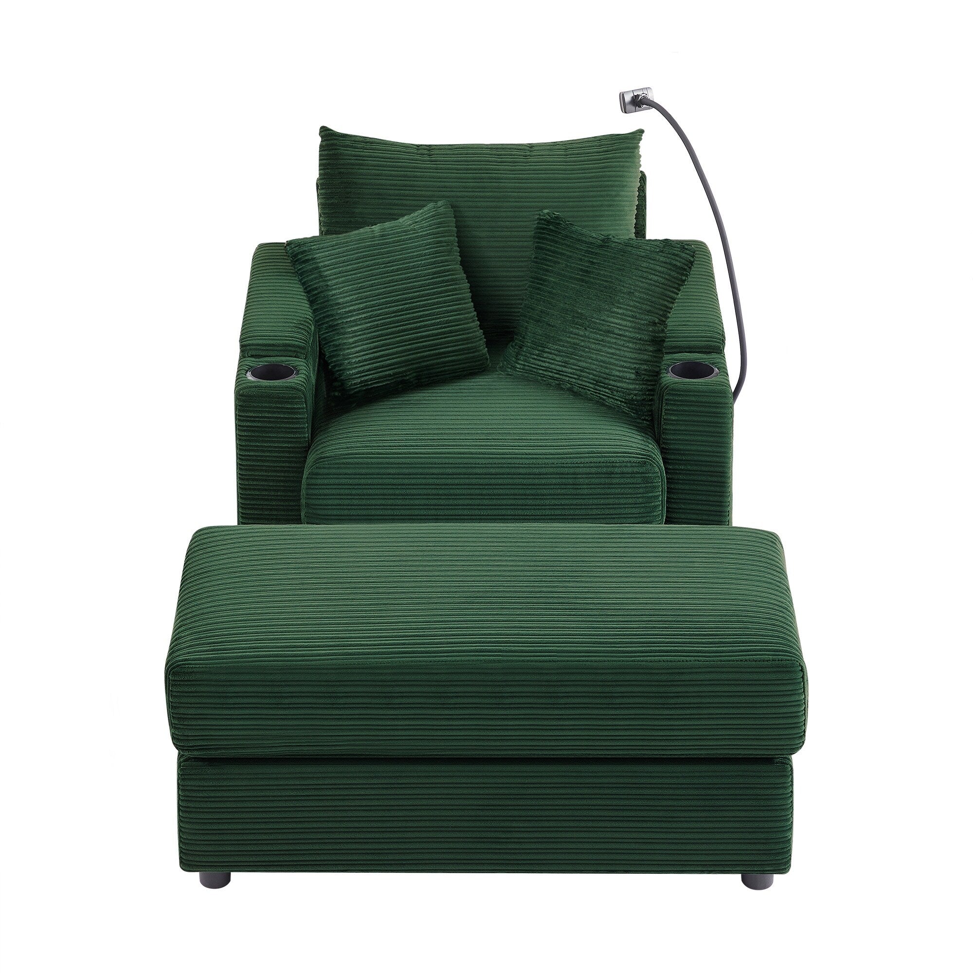 Modern Single Sofa with Movable Ottoman, Hidden Storage, USB Ports, Cup Holders and Phone Holder for Living Room