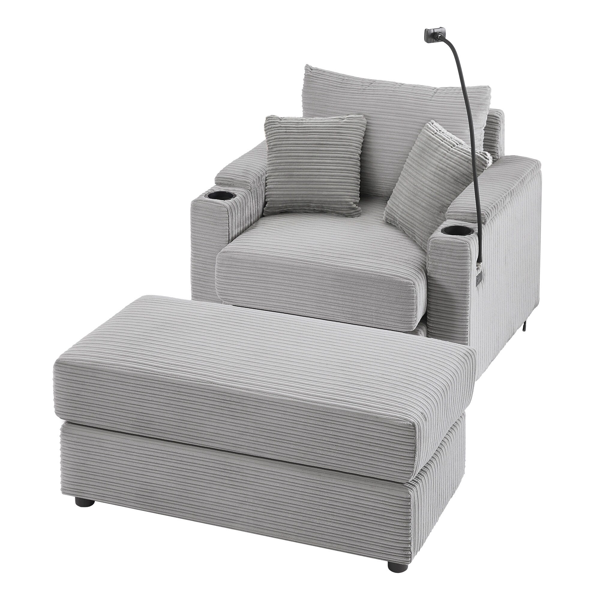 Modern Single Sofa with Movable Ottoman, Hidden Storage, USB Ports, Cup Holders and Phone Holder for Living Room