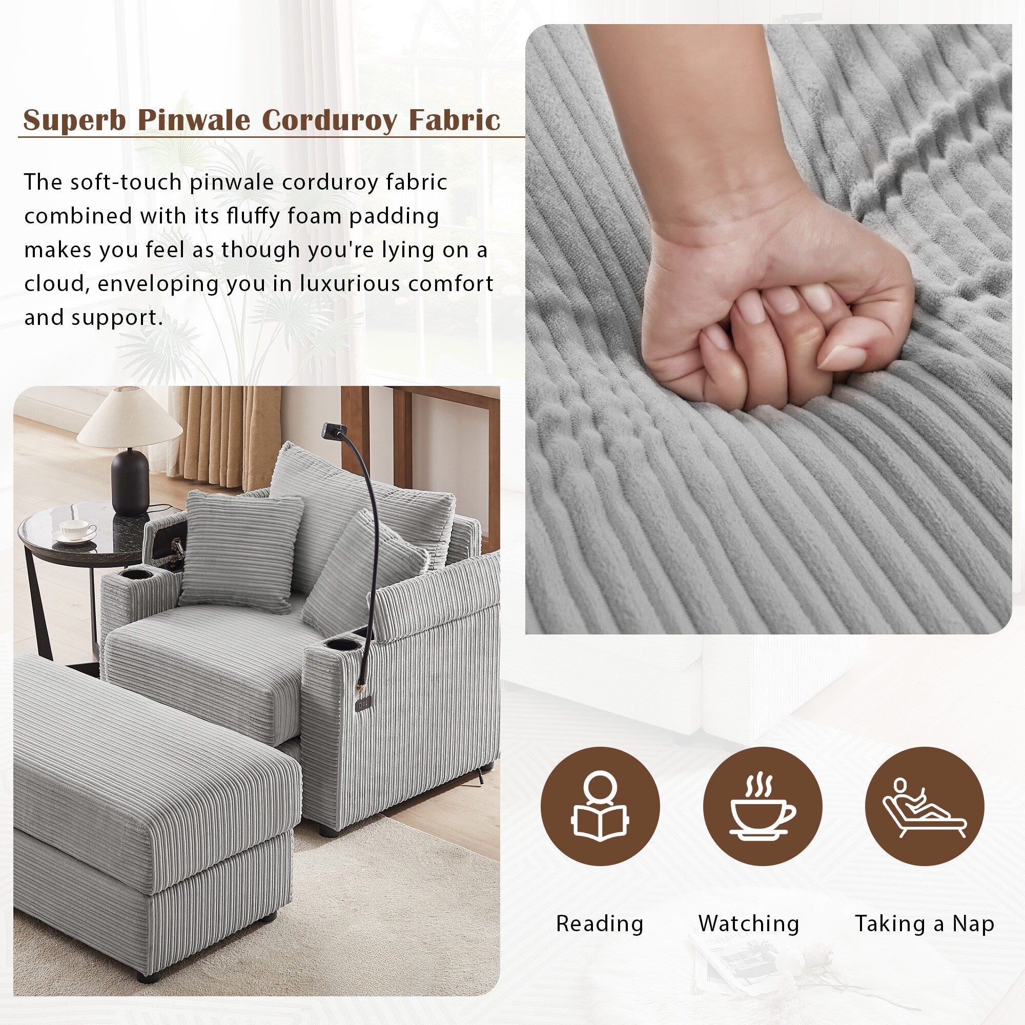 Modern Single Sofa with Movable Ottoman, Hidden Storage, USB Ports, Cup Holders and Phone Holder for Living Room