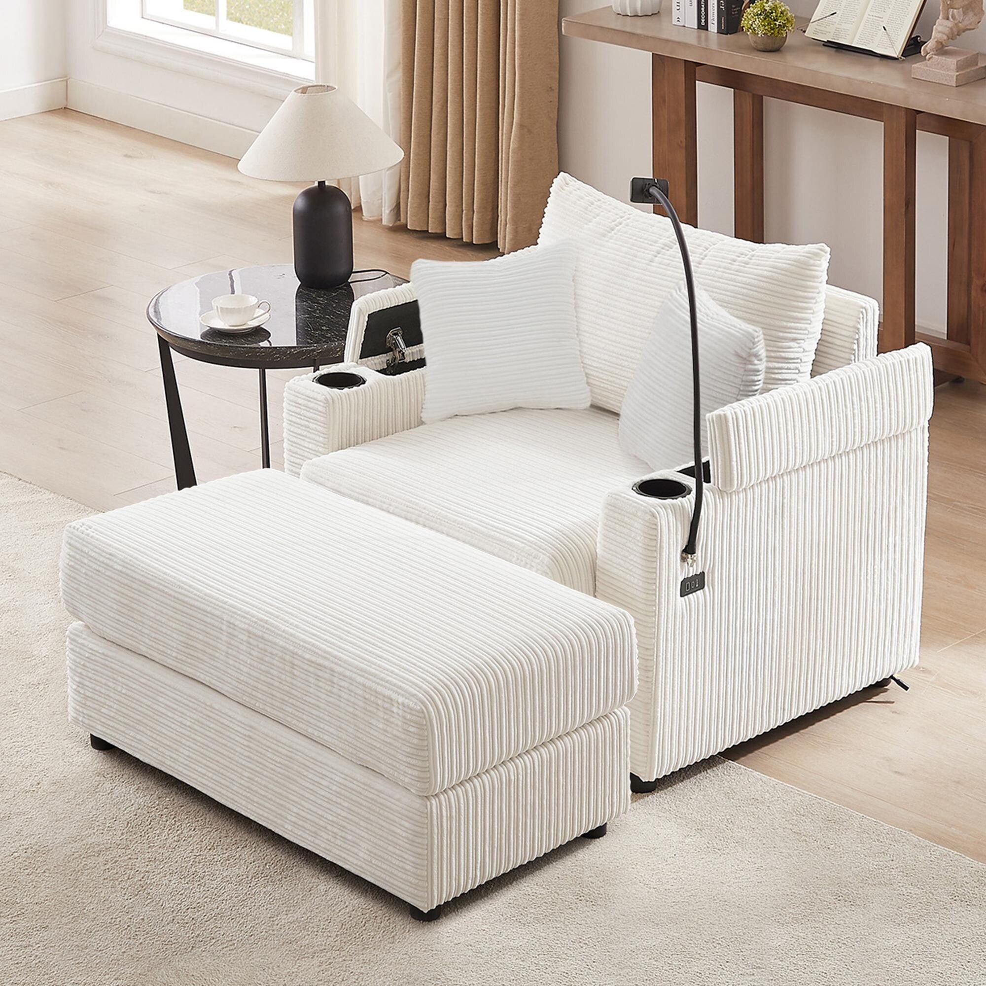 Modern Single Sofa with Movable Ottoman, Hidden Storage, USB Ports, Cup Holders and Phone Holder for Living Room