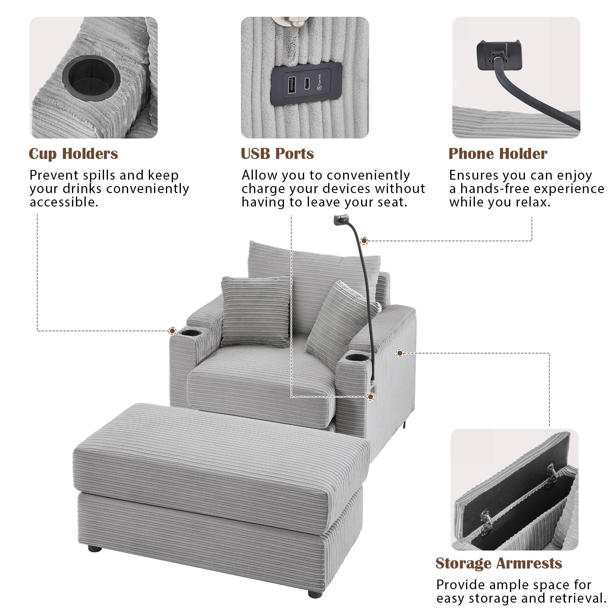 Modern Single Sofa with Movable Ottoman, Hidden Storage, USB Ports, Cup Holders and Phone Holder for Living Room