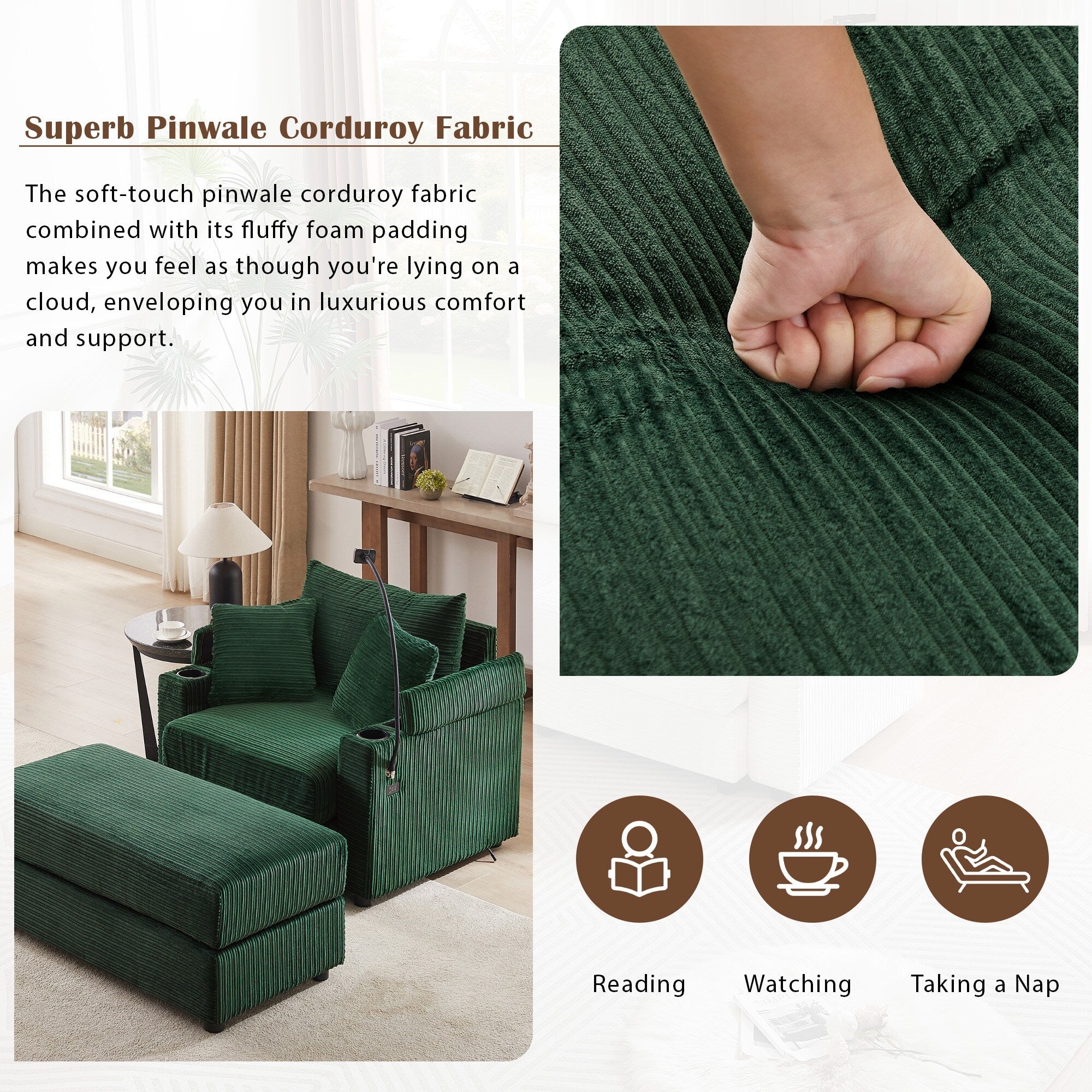 Modern Single Sofa with Movable Ottoman, Hidden Storage, USB Ports, Cup Holders and Phone Holder for Living Room