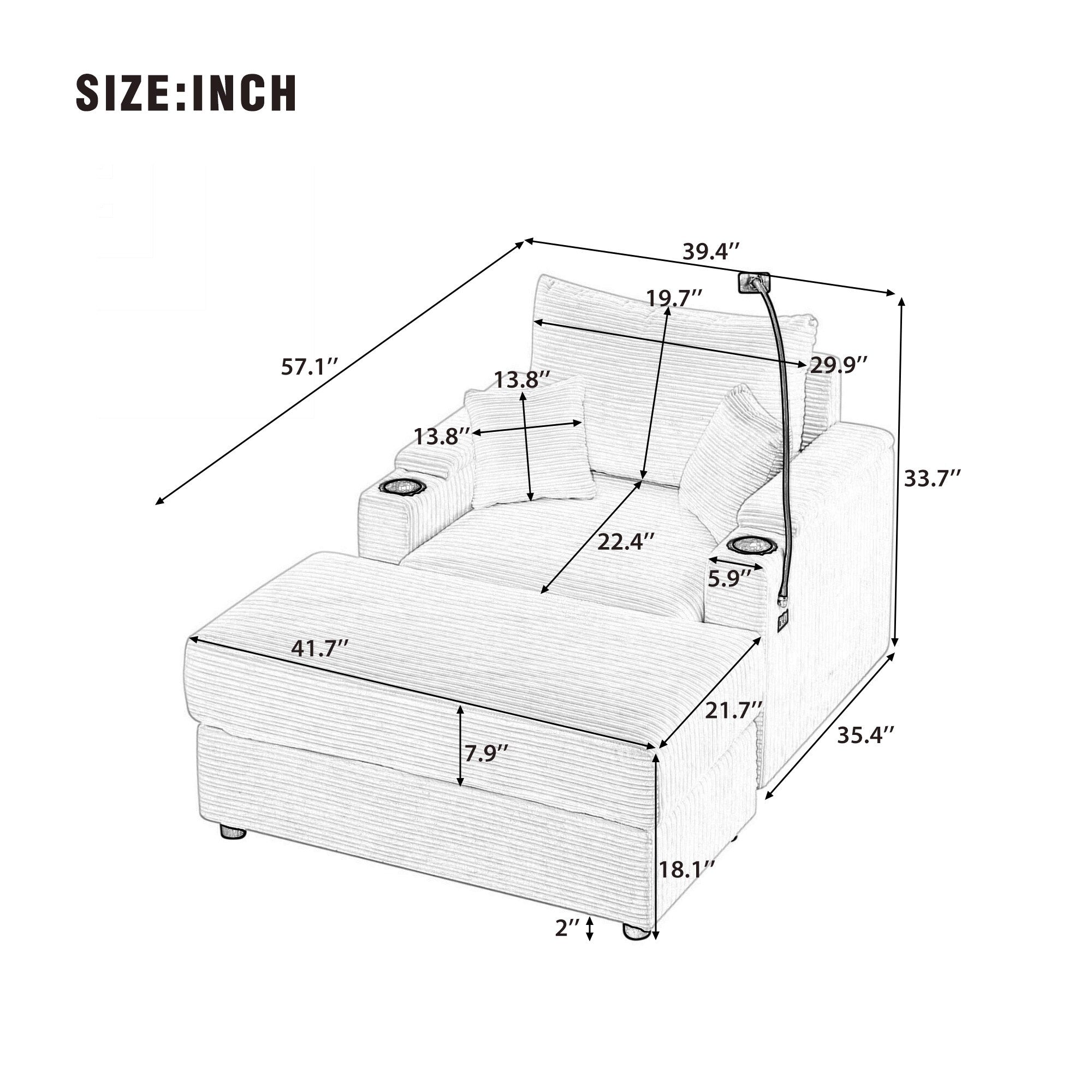Modern Single Sofa with Movable Ottoman, Hidden Storage, USB Ports, Cup Holders and Phone Holder for Living Room