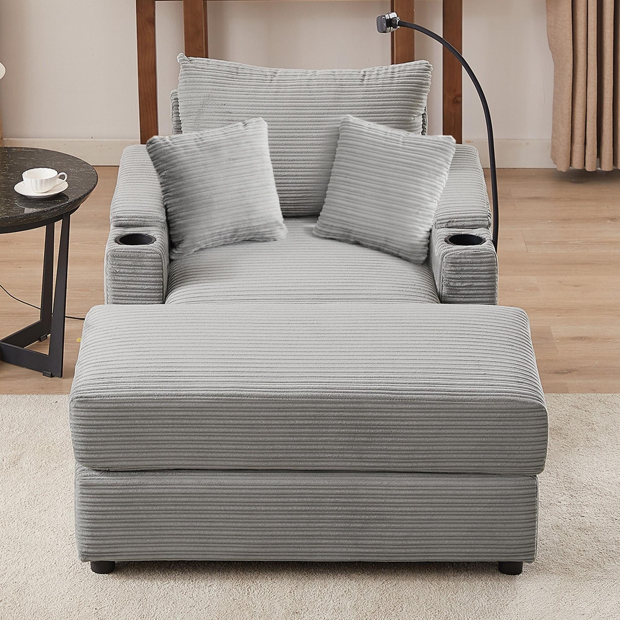 Modern Single Sofa with Movable Ottoman, Hidden Storage, USB Ports, Cup Holders and Phone Holder for Living Room