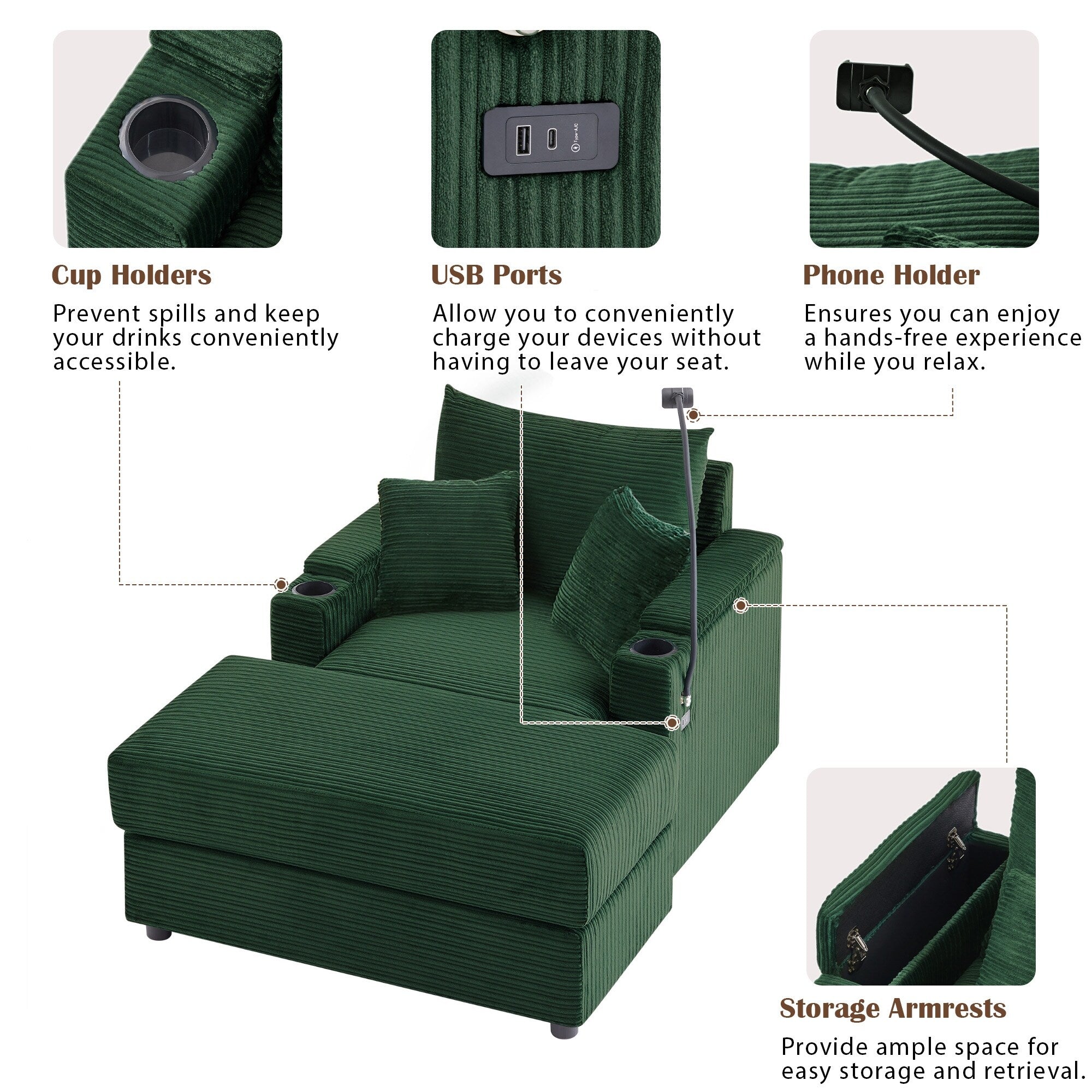 Modern Single Sofa with Movable Ottoman, Hidden Storage, USB Ports, Cup Holders and Phone Holder for Living Room