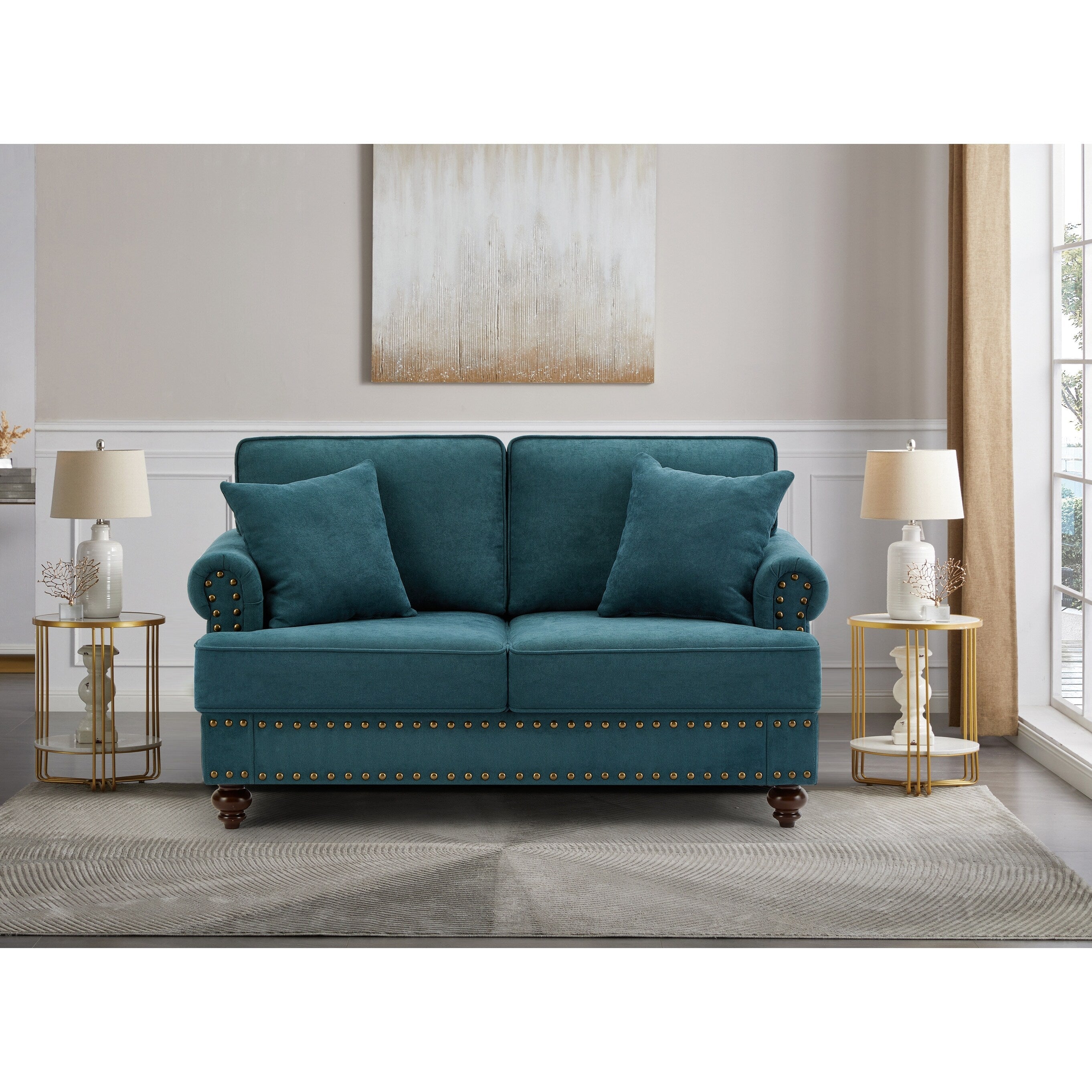 Modern Sleeper Sofa Chenille Fabric Sofa Couch with Nailhead Trim Couch and Lumbar Pillows, Rolled Arms Lounge Settee
