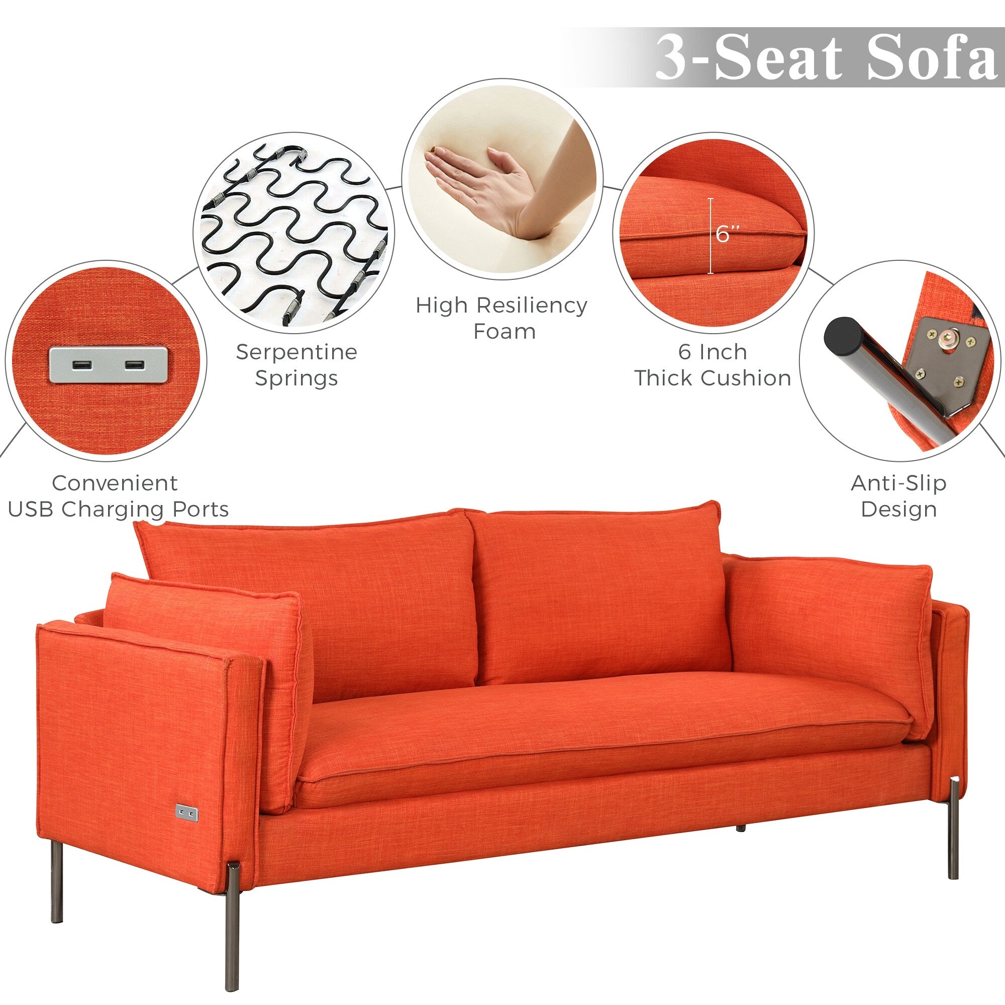 Modern Style 3 Seat Sofa Linen Fabric Upholstered Couch Furniture