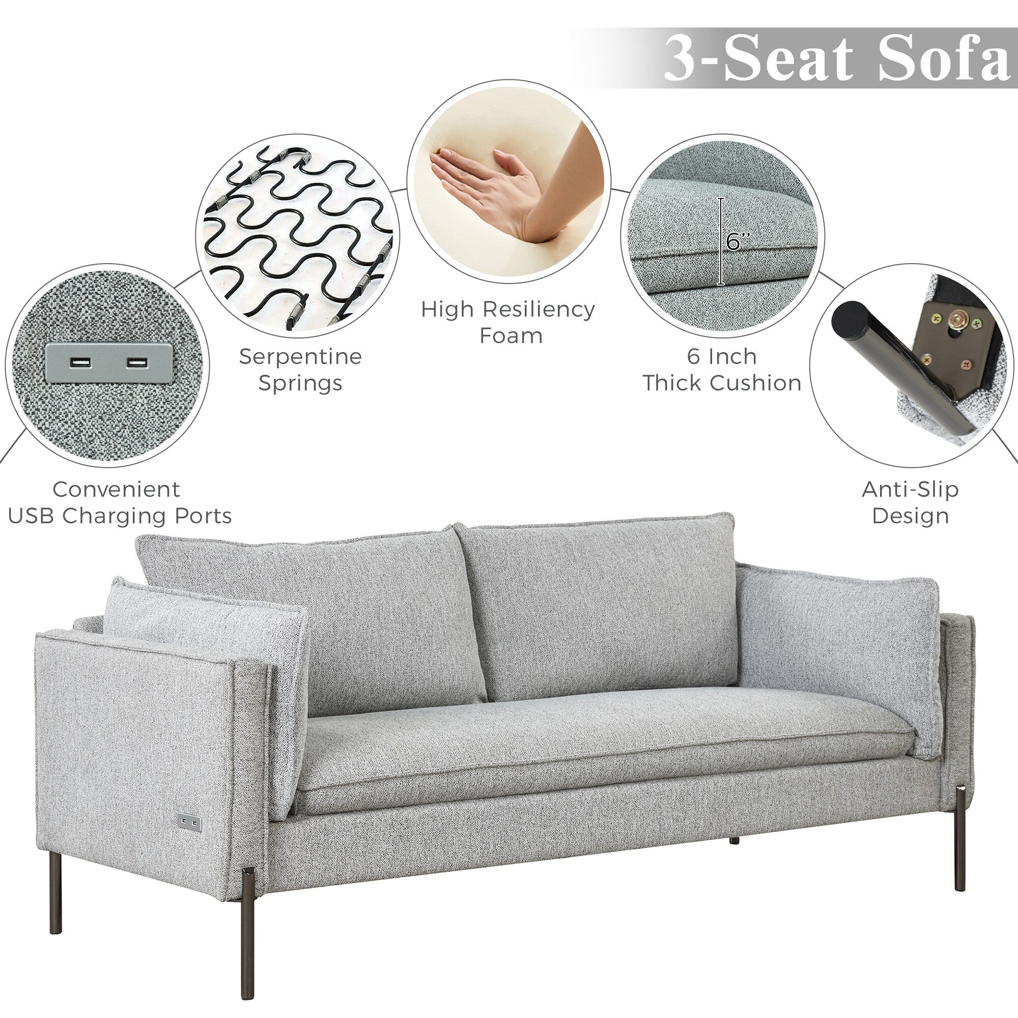 Modern Style 3 Seat Sofa Linen Fabric Upholstered Couch Furniture