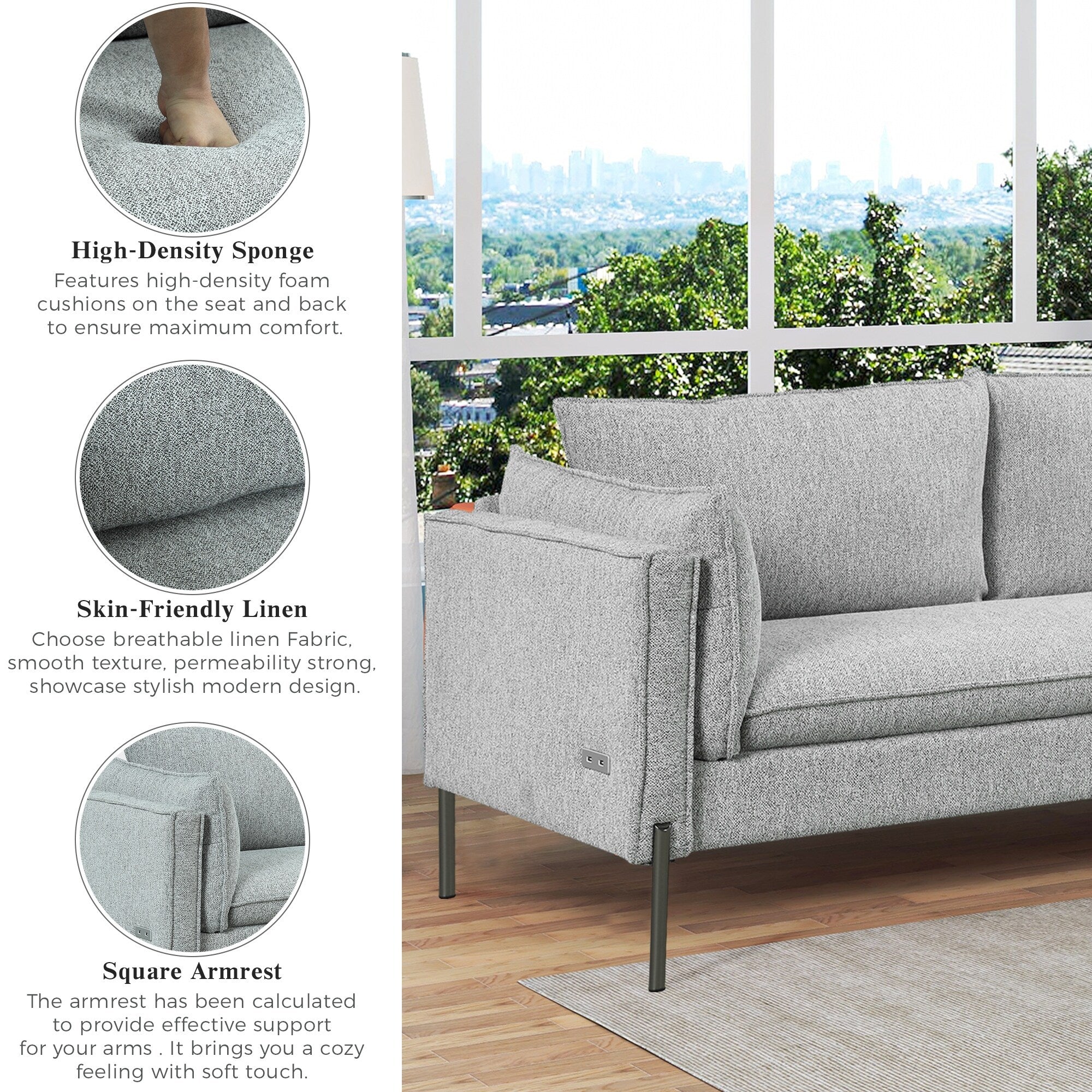 Modern Style 3 Seat Sofa Linen Fabric Upholstered Couch Furniture