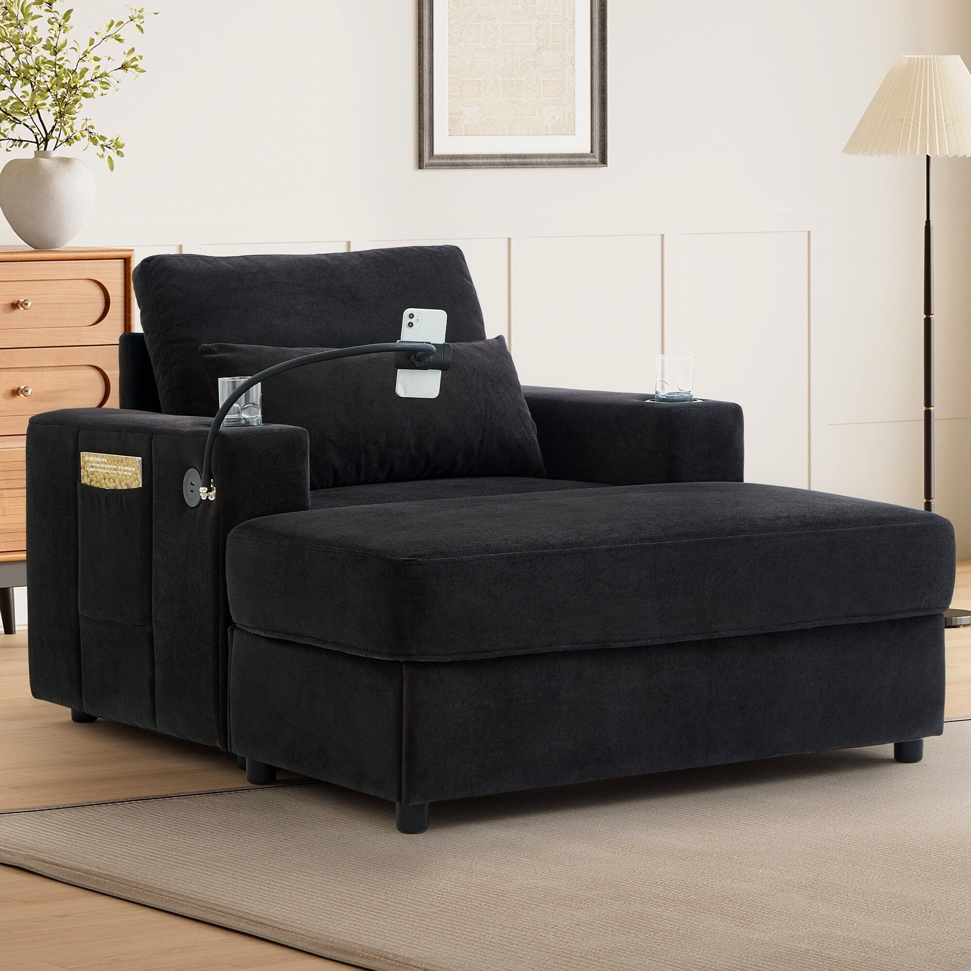 Modern Style Armchair 42.5 Chaise Lounge Sofa Couch with a Movable Storage Ottoman, Two USB Ports, Two Cup Holders