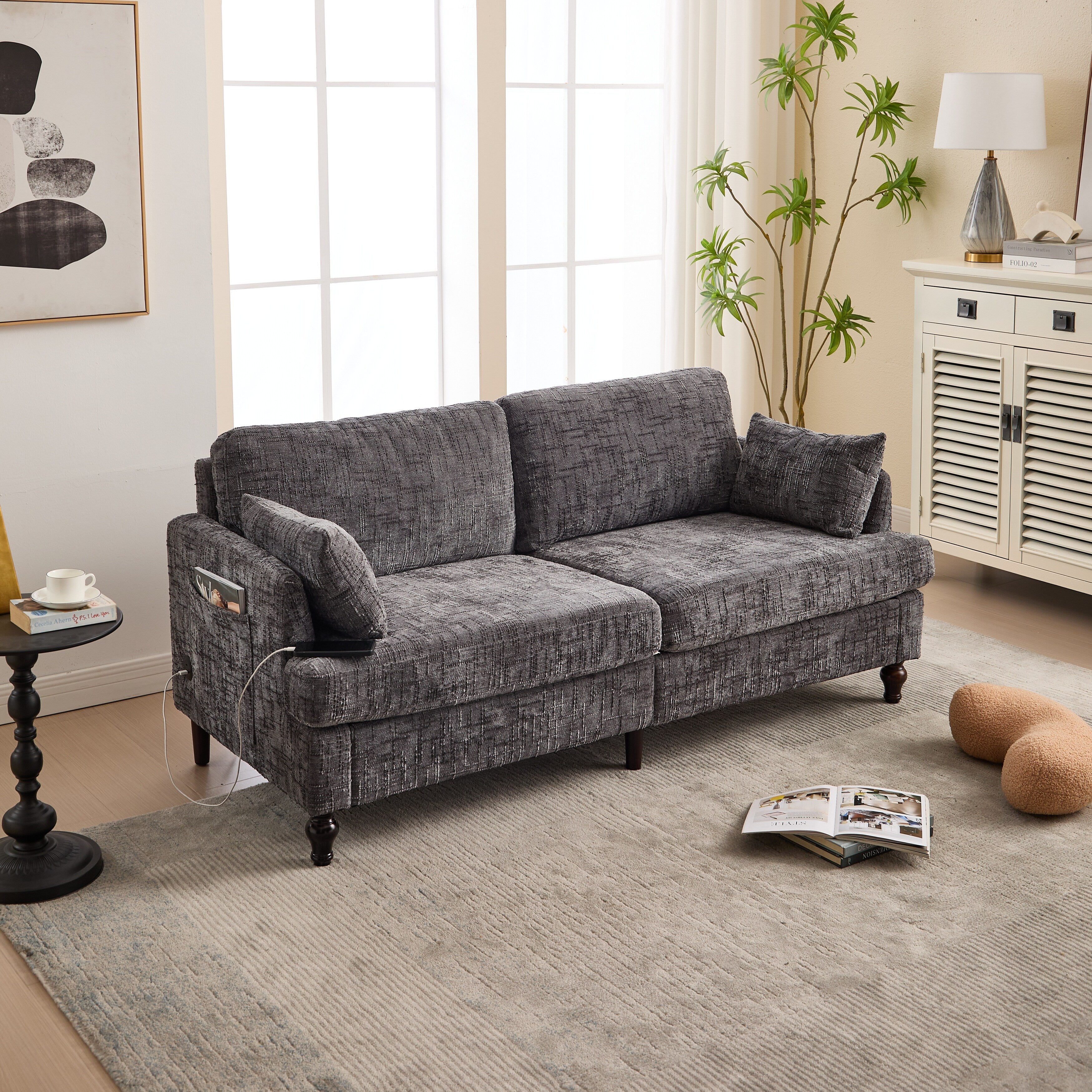 Modern Style Chenille 2-Seater Wood-Legged Sofa With Led Light, Usb Charging Port And Storage Bag Living Room Bedroom Study Room
