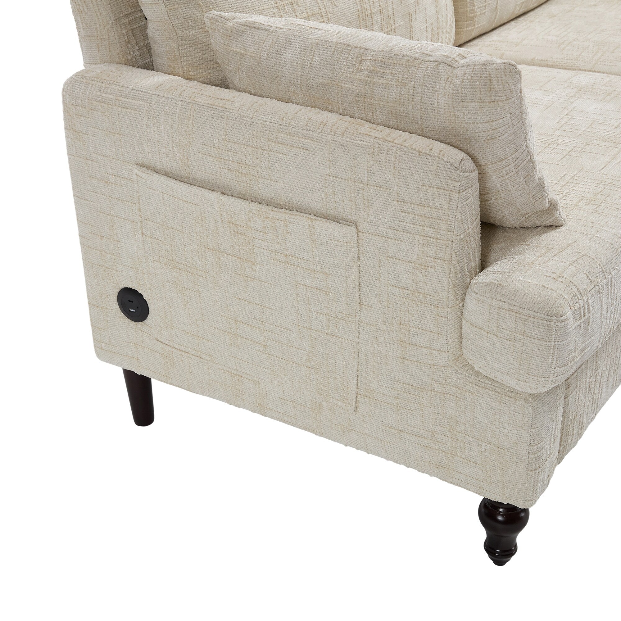 Modern Style Chenille 2-Seater Wood-Legged Sofa With Led Light, Usb Charging Port And Storage Bag Living Room Bedroom Study Room