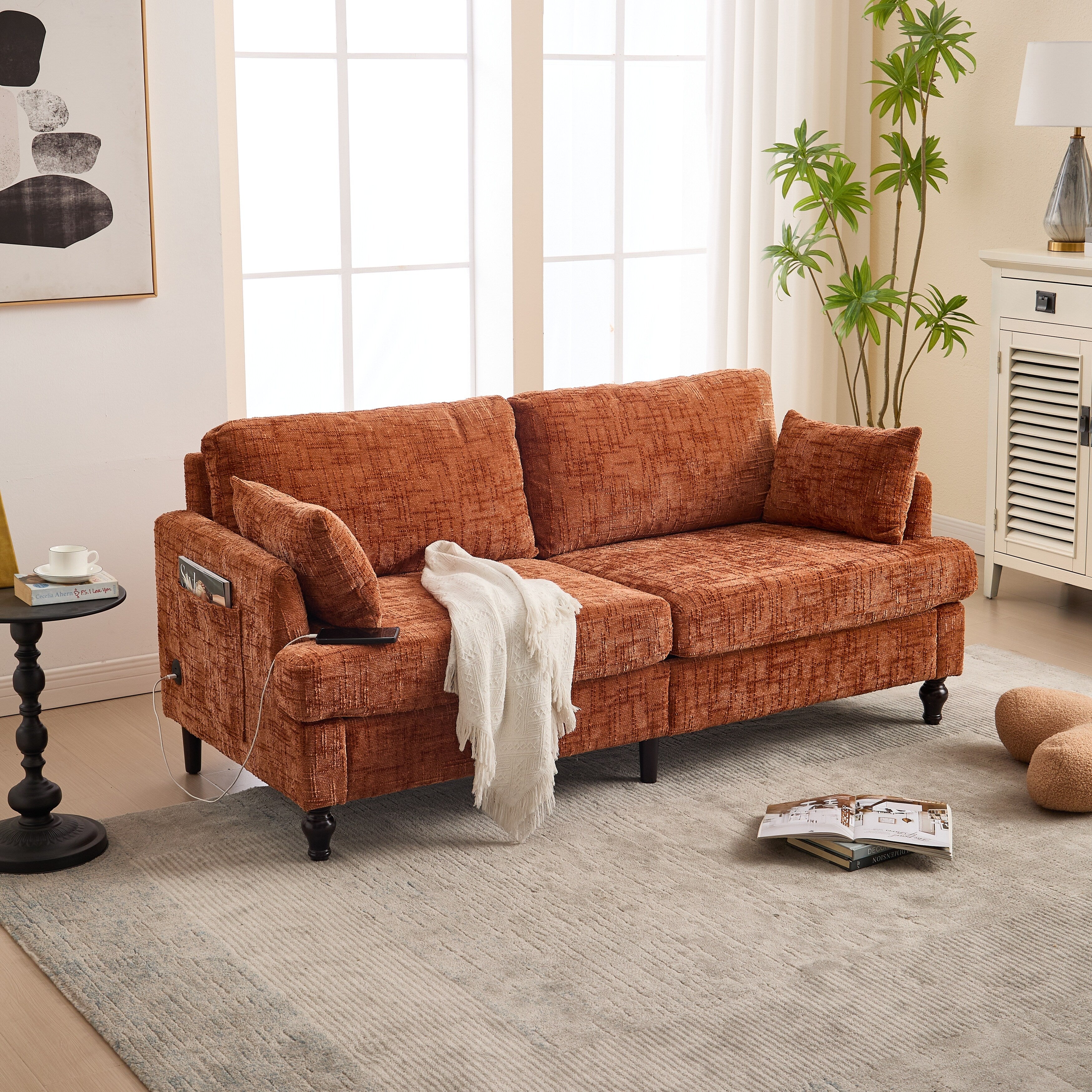 Modern Style Chenille 2-Seater Wood-Legged Sofa With Led Light, Usb Charging Port And Storage Bag Living Room Bedroom Study Room