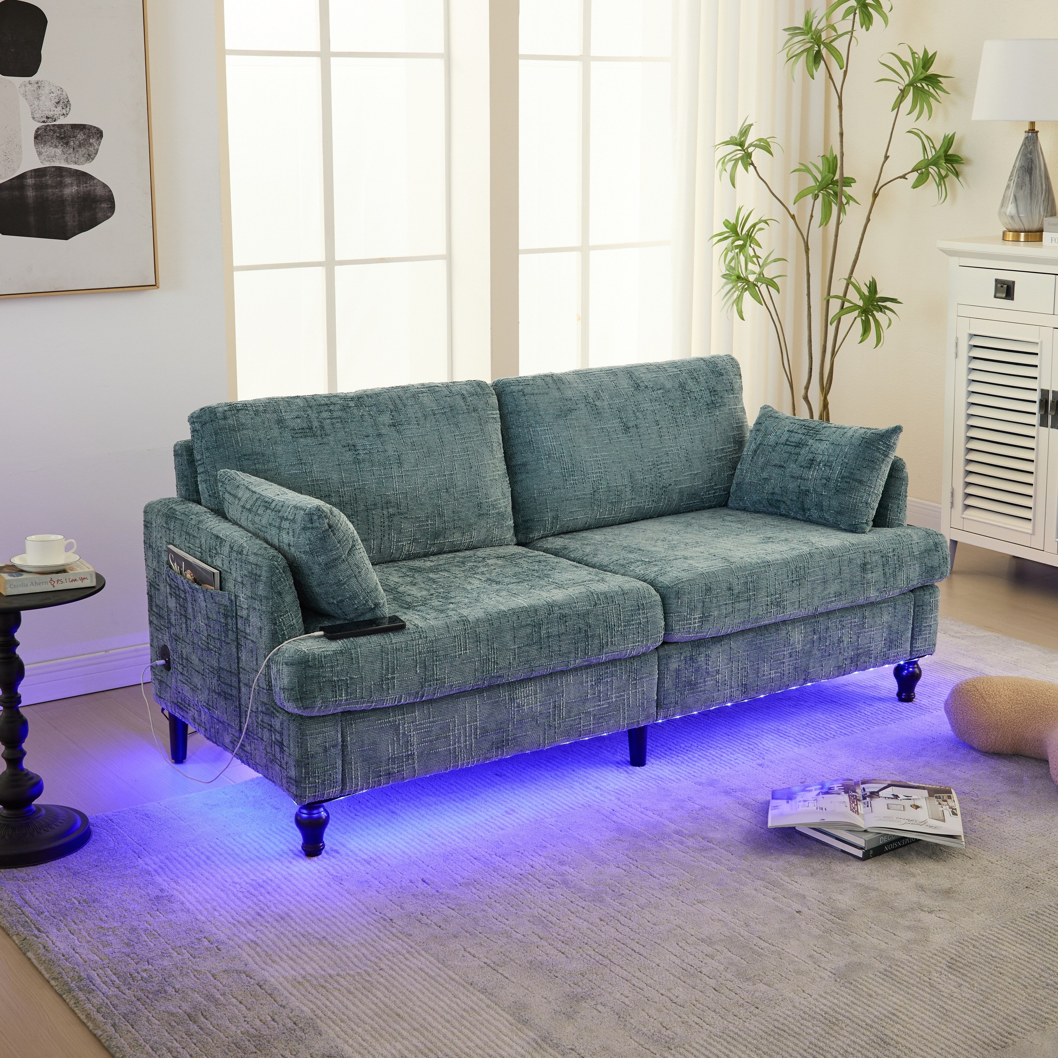 Modern Style Chenille 2-Seater Wood-Legged Sofa With Led Light, Usb Charging Port And Storage Bag Living Room Bedroom Study Room